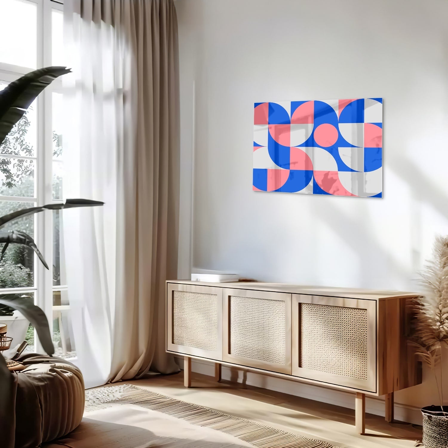 Abstraktes Glasbild mit blauen und rosa Farbtönen – Glasbild aus Sicherheitsglas, Größe 80x30