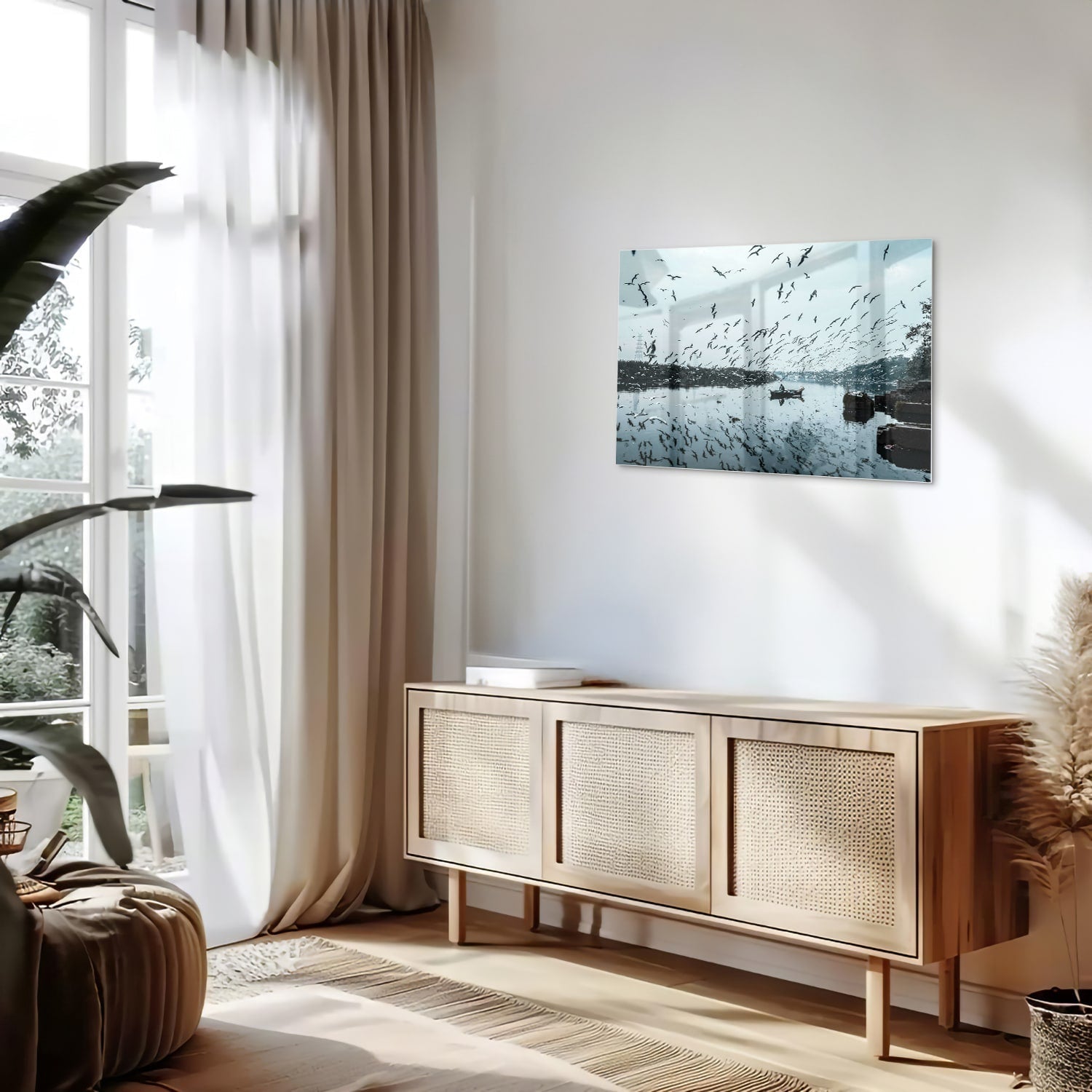 Glasbild mit Vögeln über einer ruhigen Wasserreflexion – Glasbild aus Sicherheitsglas, Größe 80x30