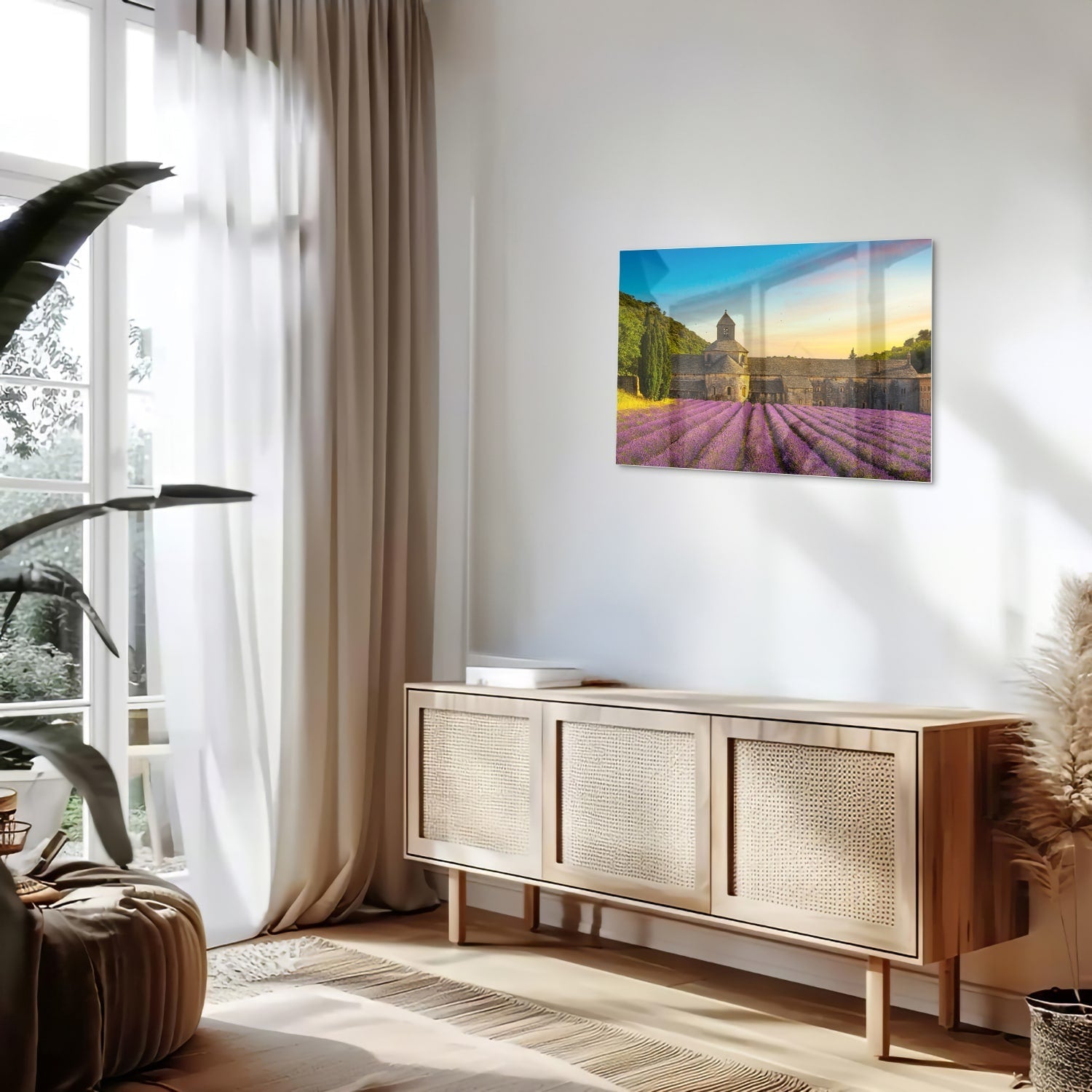 Wunderschönes Glasbild mit Lavendelfeldern – Glasbild aus Sicherheitsglas, Größe 80x30