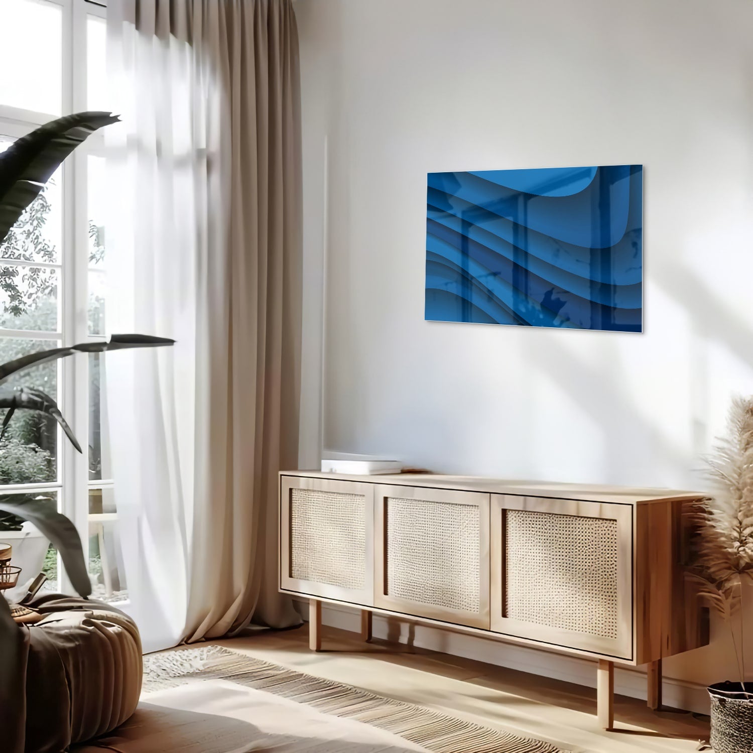 Modernes Glasbild in verschiedenen Blautönen – Glasbild aus Sicherheitsglas, Größe 80x30