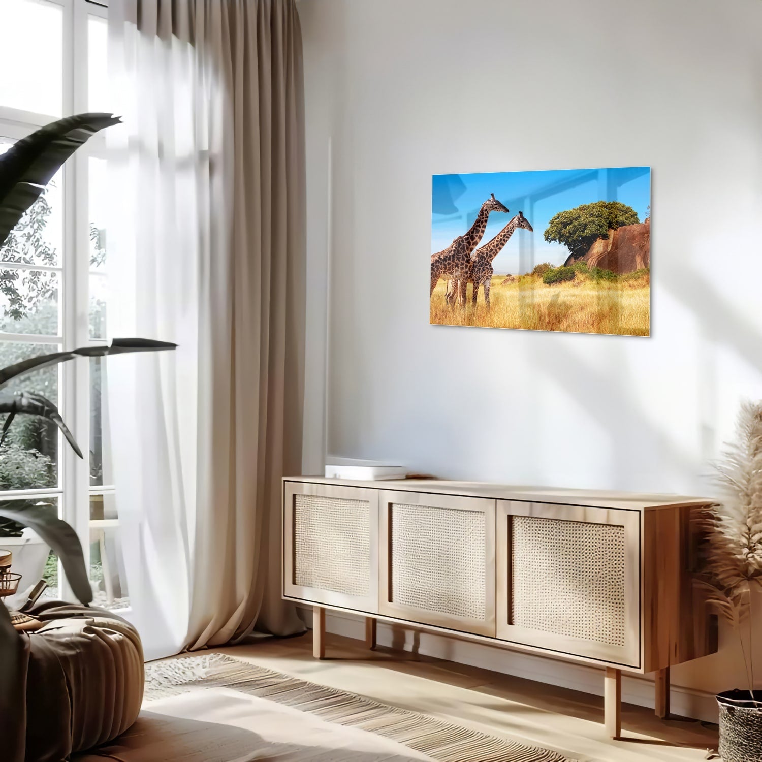 Glasbild mit zwei Giraffen in der afrikanischen Landschaft – Glasbild aus Sicherheitsglas, Größe 80x30