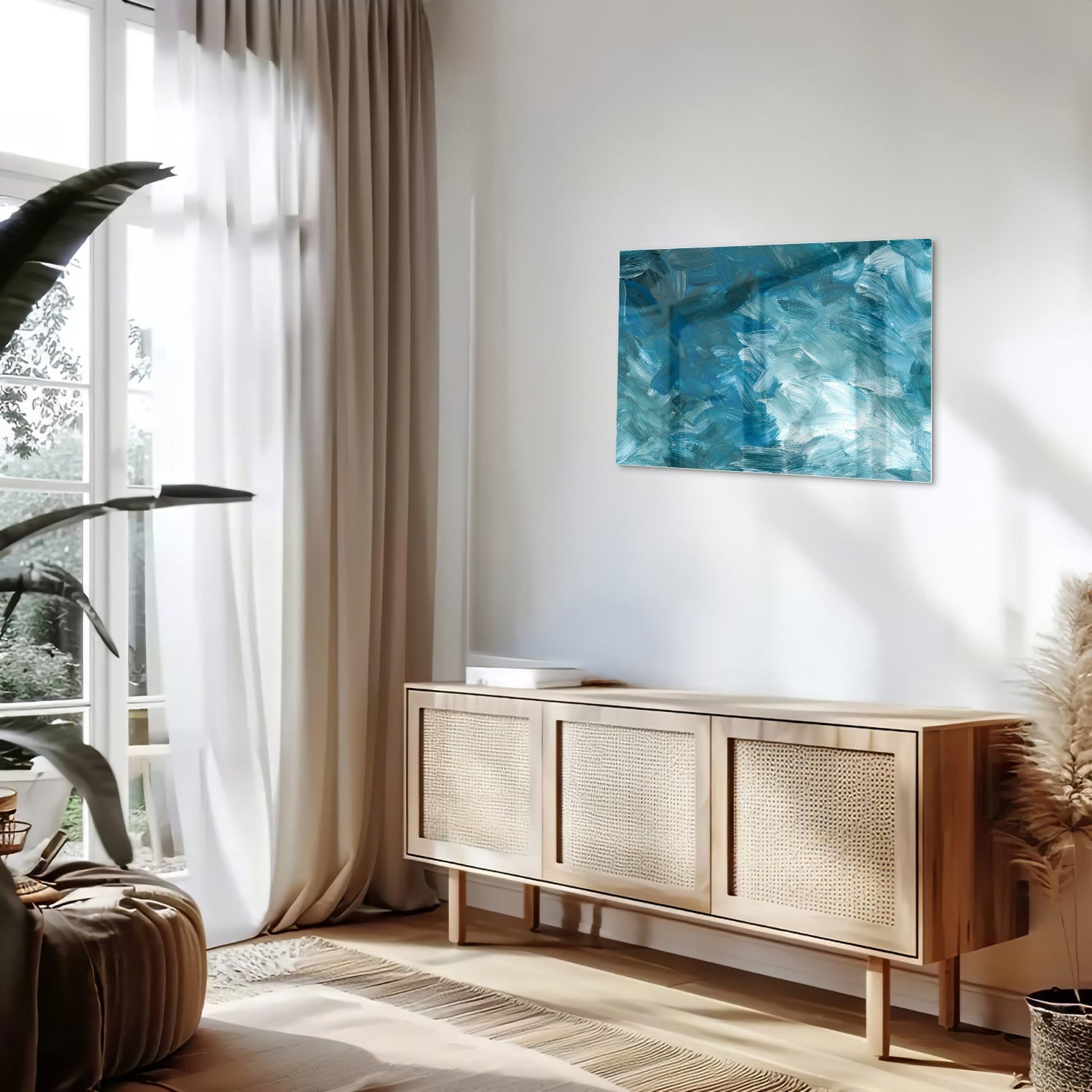 Abstraktes Glasbild in harmonischen Blautönen – Glasbild aus Sicherheitsglas, Größe 80x30
