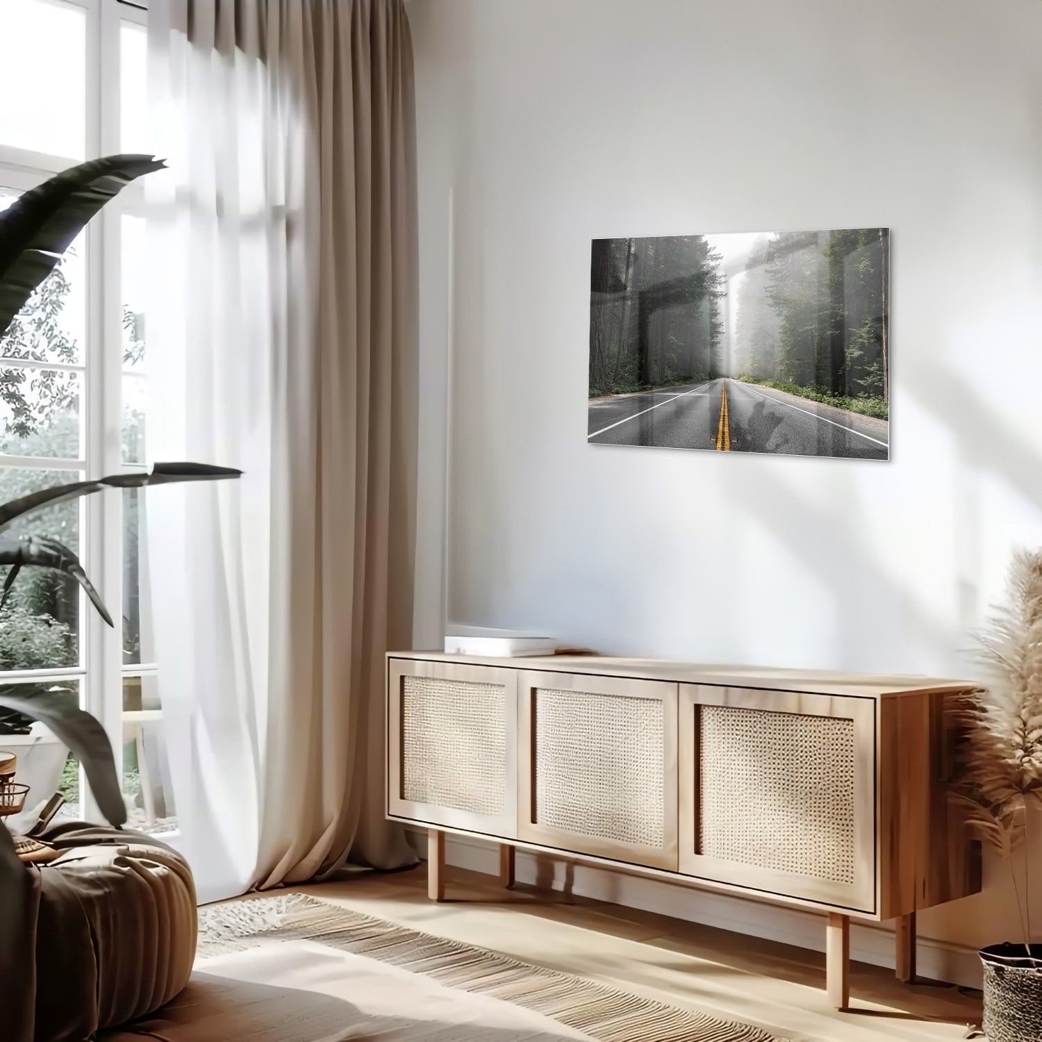 Glasbild – Erkundung eines nebligen Weges – Glasbild aus Sicherheitsglas, Größe 80x30