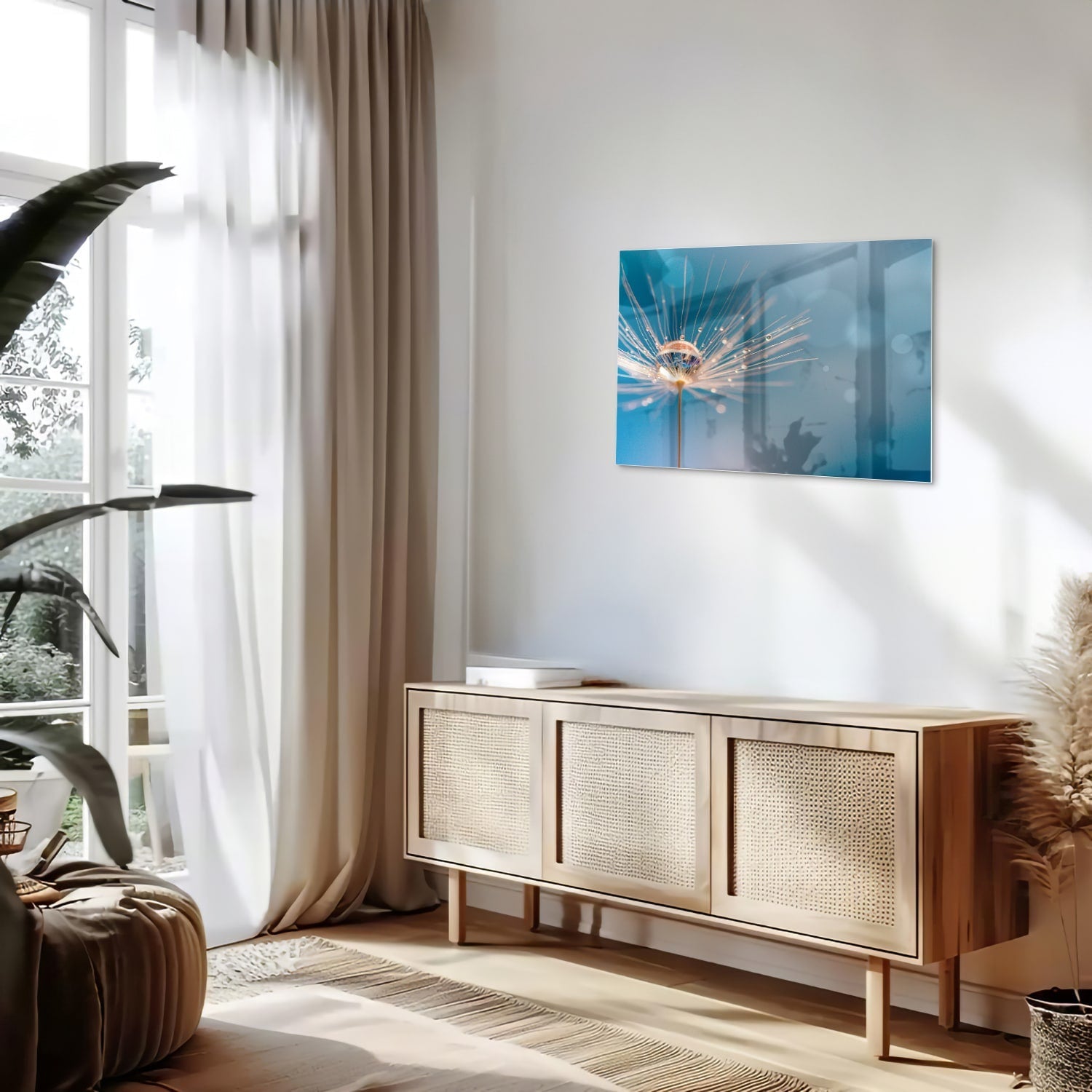 Elegantes Glasbild mit Löwenzahn-Design – Glasbild aus Sicherheitsglas, Größe 80x30