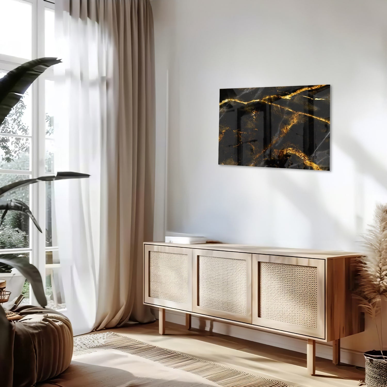 Glasbild mit schwarzem und goldenem Marmordesign – Glasbild aus Sicherheitsglas, Größe 80x30