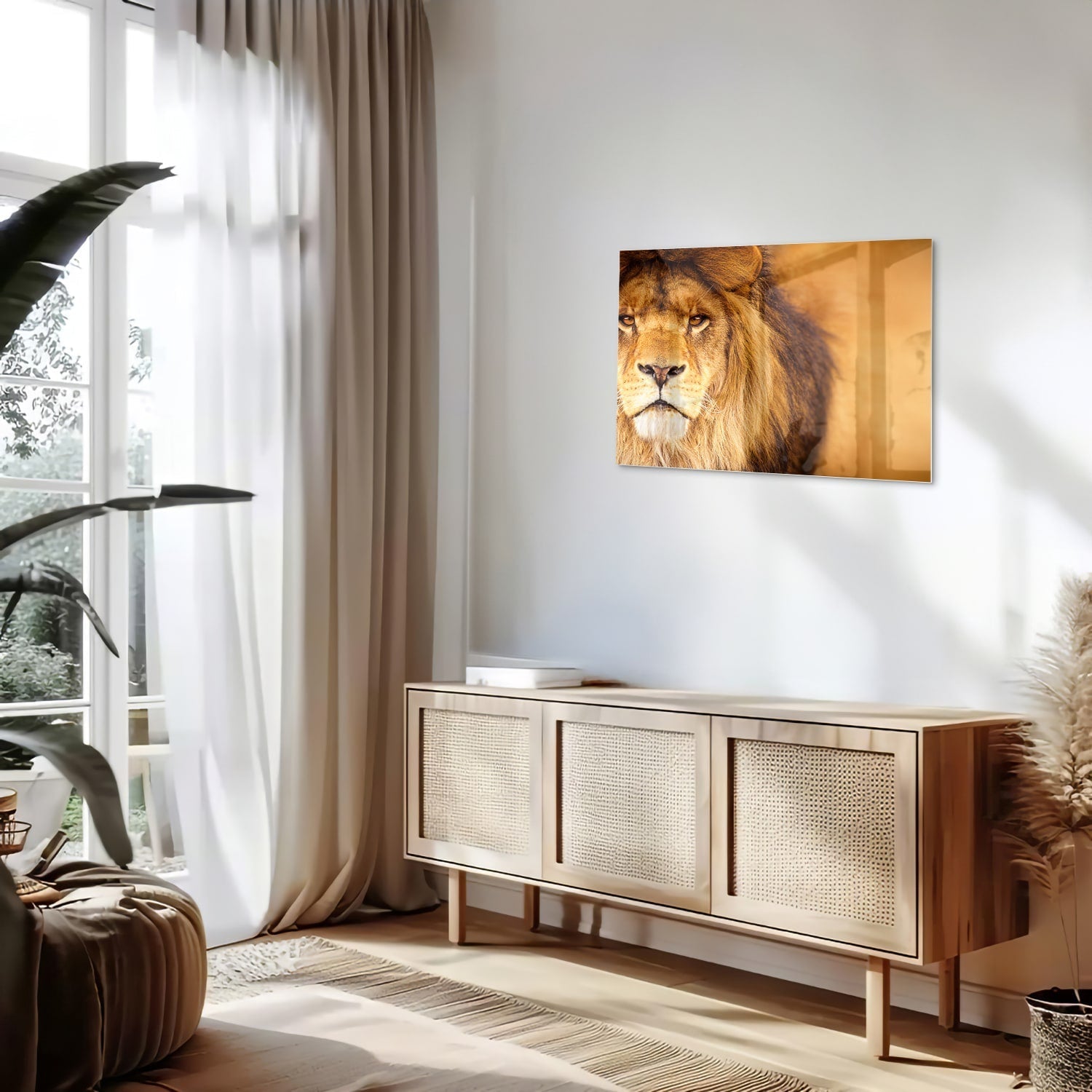 Glasbild mit majestätischem Löwen für Ihr Interieur – Glasbild aus Sicherheitsglas, Größe 80x30