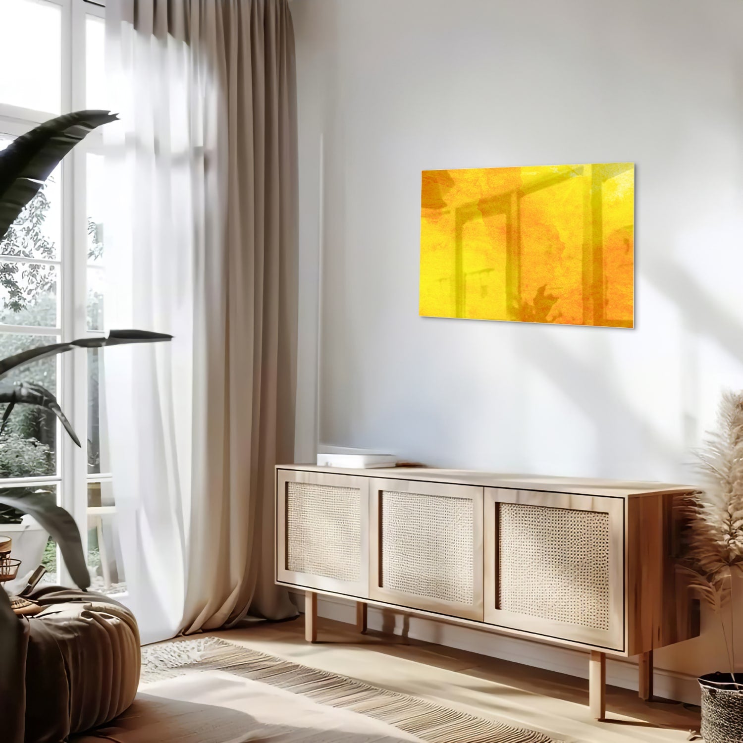 Leuchtend gelbes Glasbild für ein geradliniges Interieur – Glasbild aus Sicherheitsglas, Größe 80x30