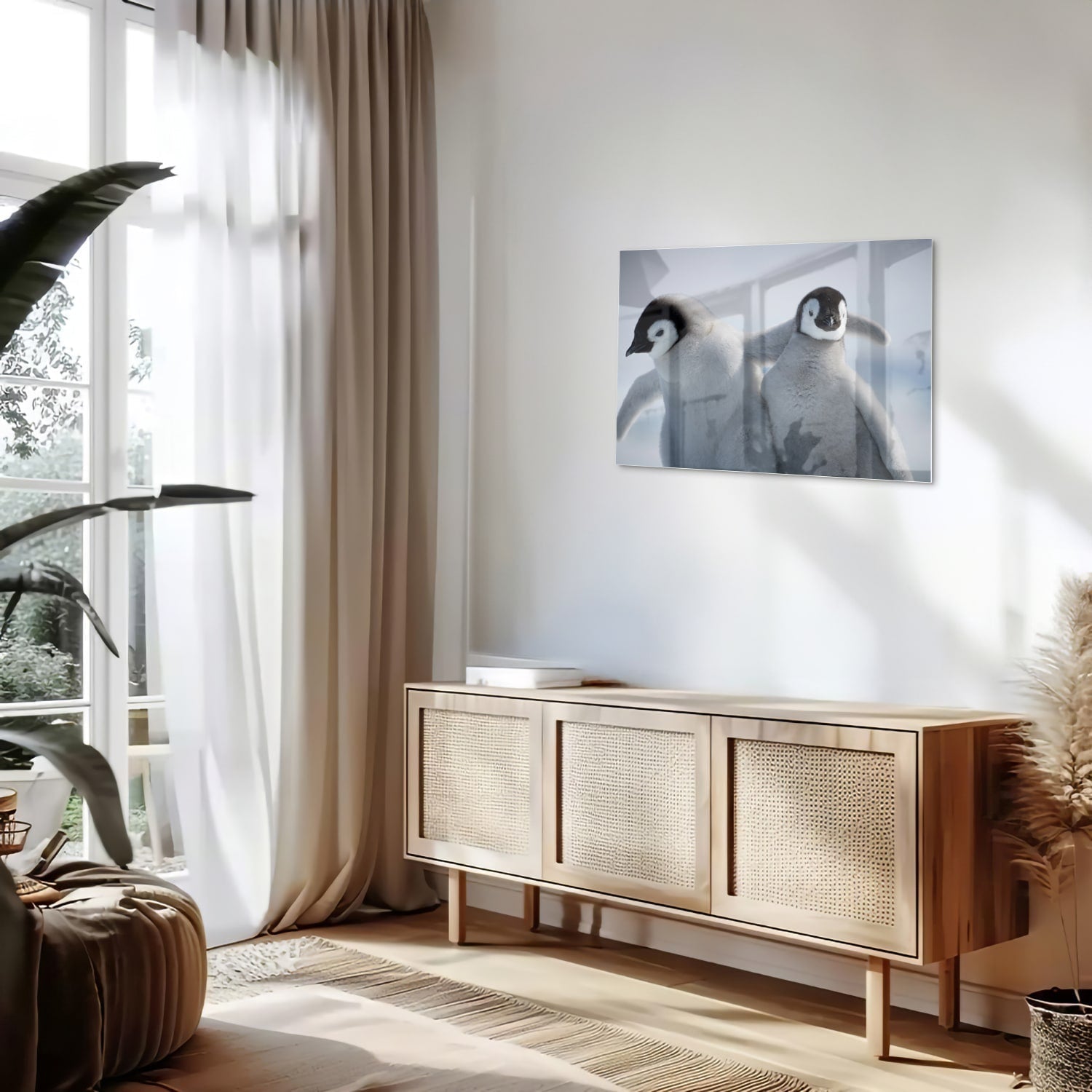 Glasbild mit zwei Pinguinen in winterlicher Atmosphäre – Glasbild aus Sicherheitsglas, Größe 80x30