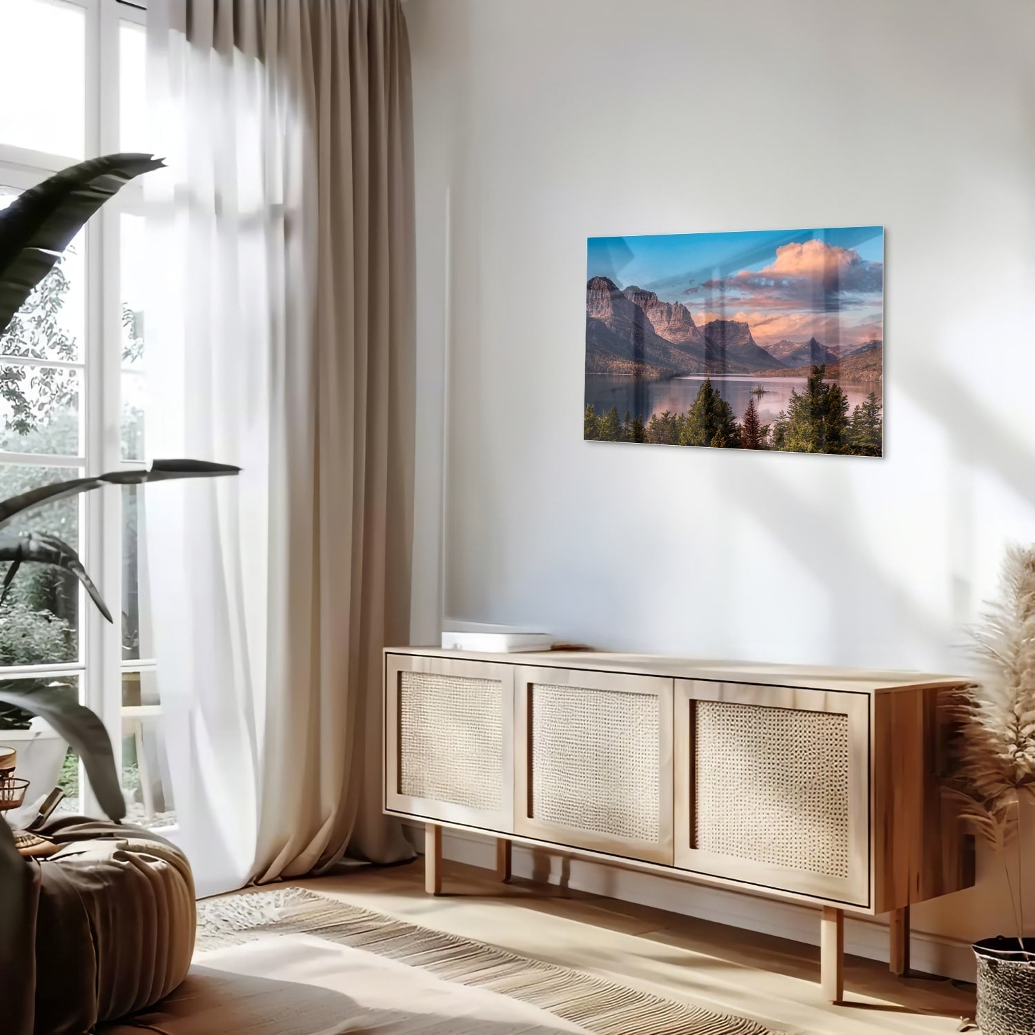 Glasbild mit Bergen bei Sonnenaufgang – Glasbild aus Sicherheitsglas, Größe 80x30