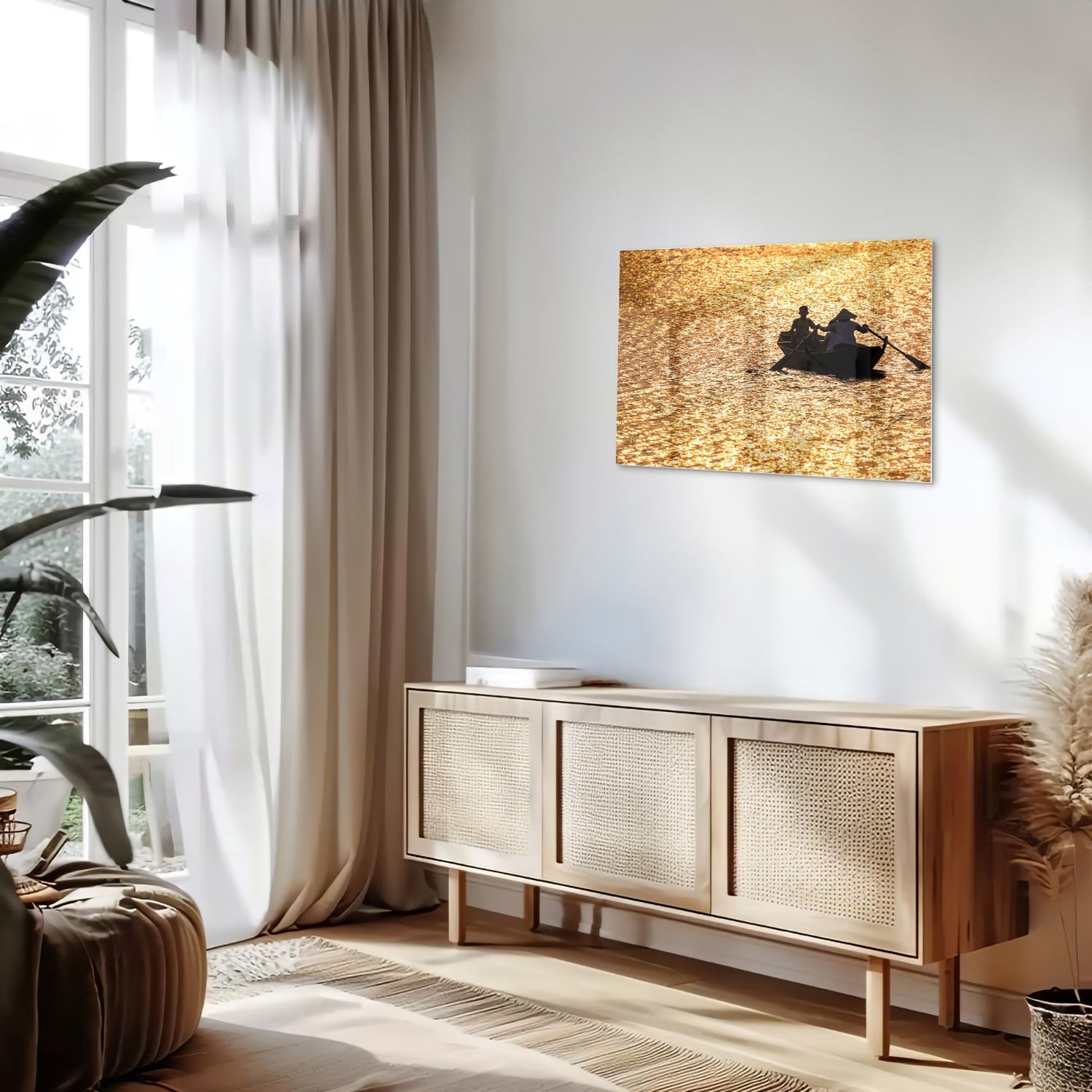 Glasbild mit Ruderboot auf goldenem Wasser – Glasbild aus Sicherheitsglas, Größe 80x30