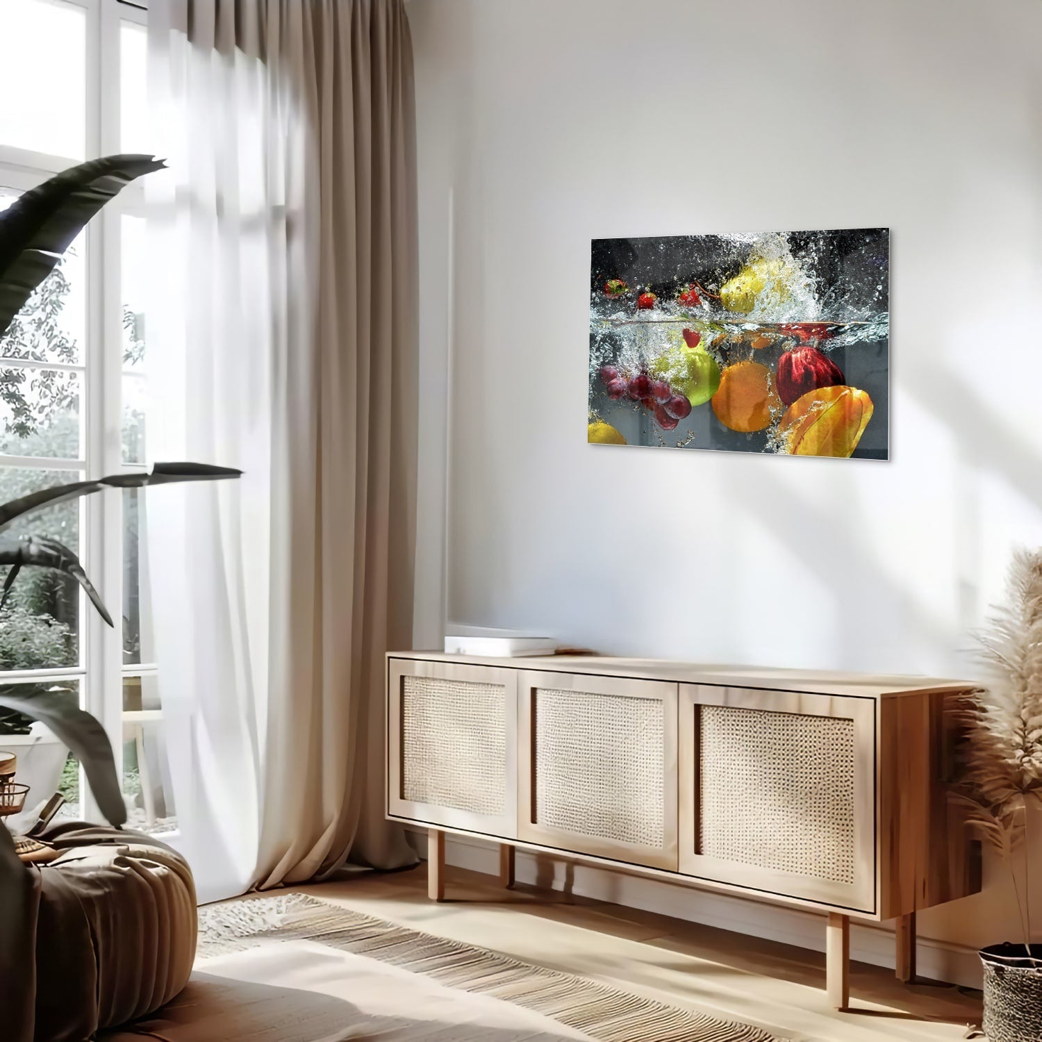 Leuchtendes Glasbild mit Früchten und Wassertropfen – Glasbild aus Sicherheitsglas, Größe 80x30
