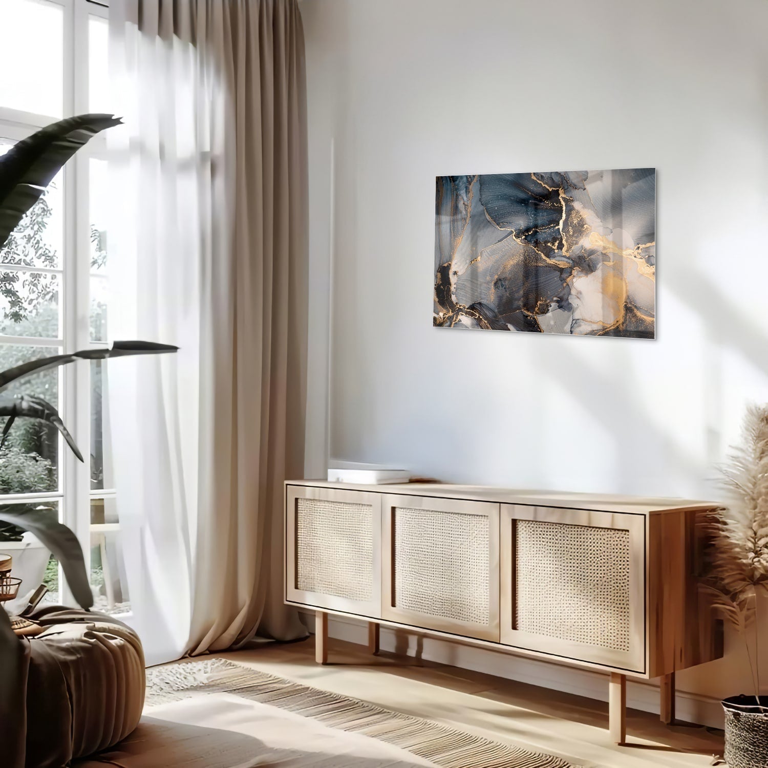 Elegantes Glasbild mit Blau und Gold – Glasbild aus Sicherheitsglas, Größe 80x30