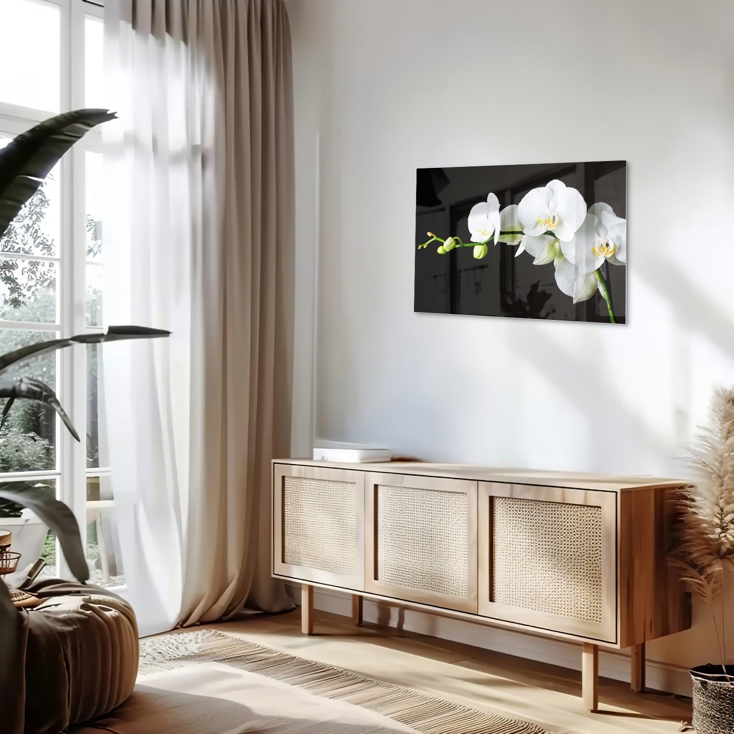 Elegantes Glasbild mit weißen Orchideen – Glasbild aus Sicherheitsglas, Größe 80x30