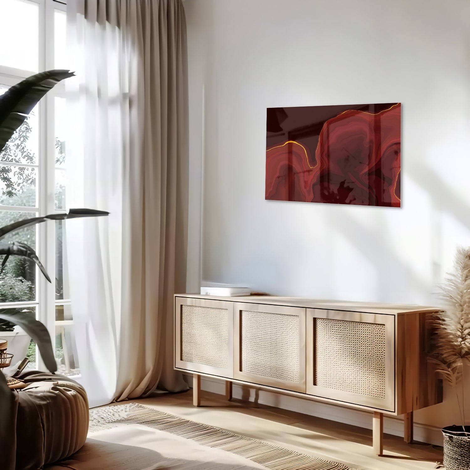 Abstraktes Glasbild mit warmen Rottönen – Glasbild aus Sicherheitsglas, Größe 80x30