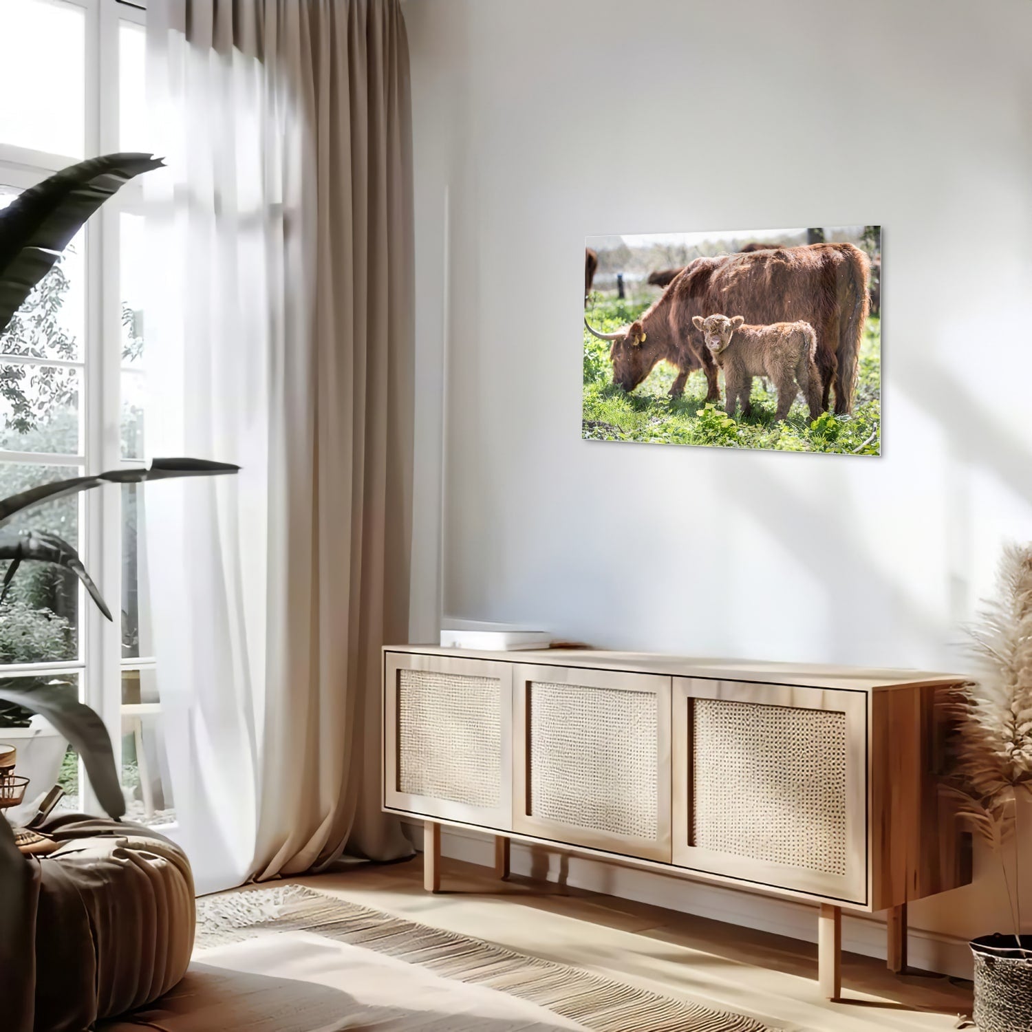 Glasbild mit Mutter und Kalb in der Natur – Glasbild aus Sicherheitsglas, Größe 80x30