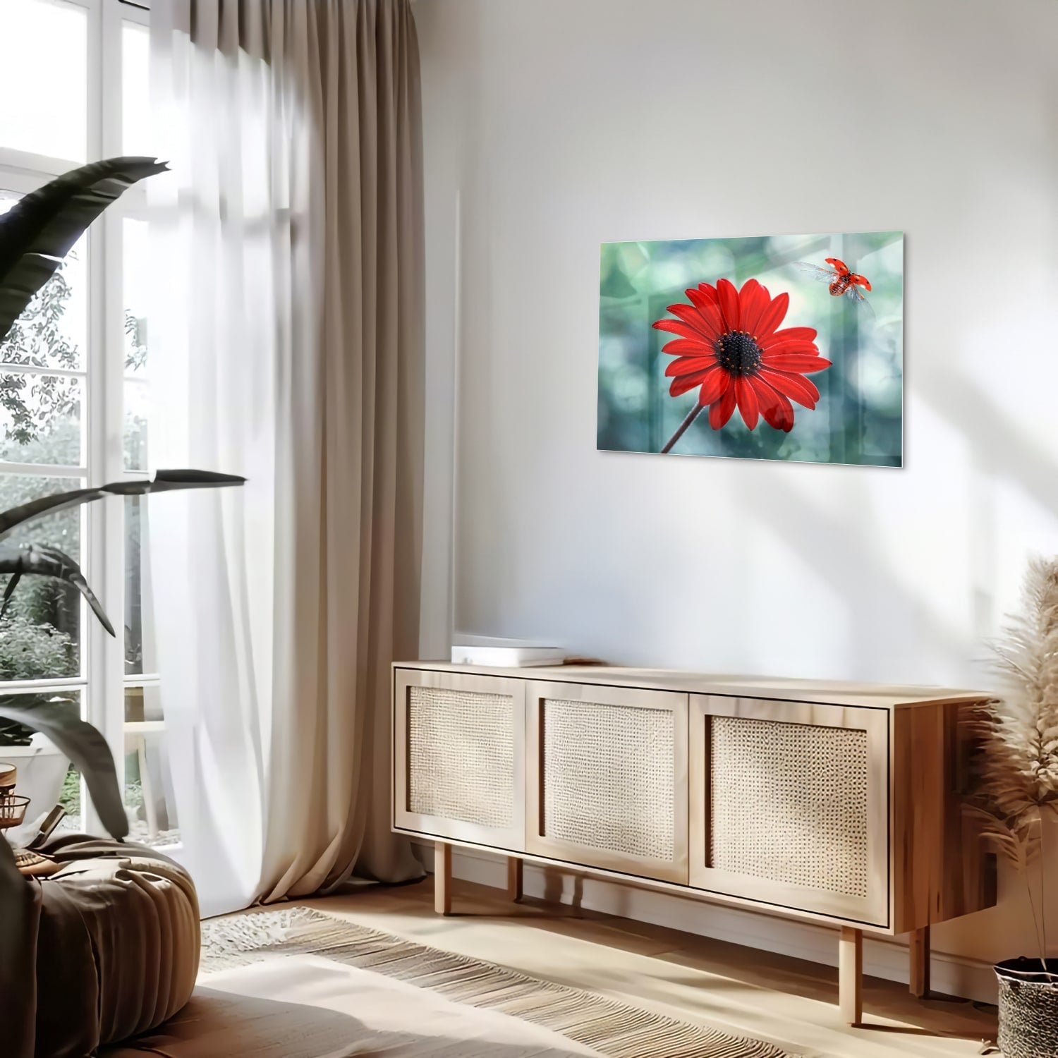 Beeindruckendes Glasbild mit einem roten Löwenzahn – Glasbild aus Sicherheitsglas, Größe 80x30