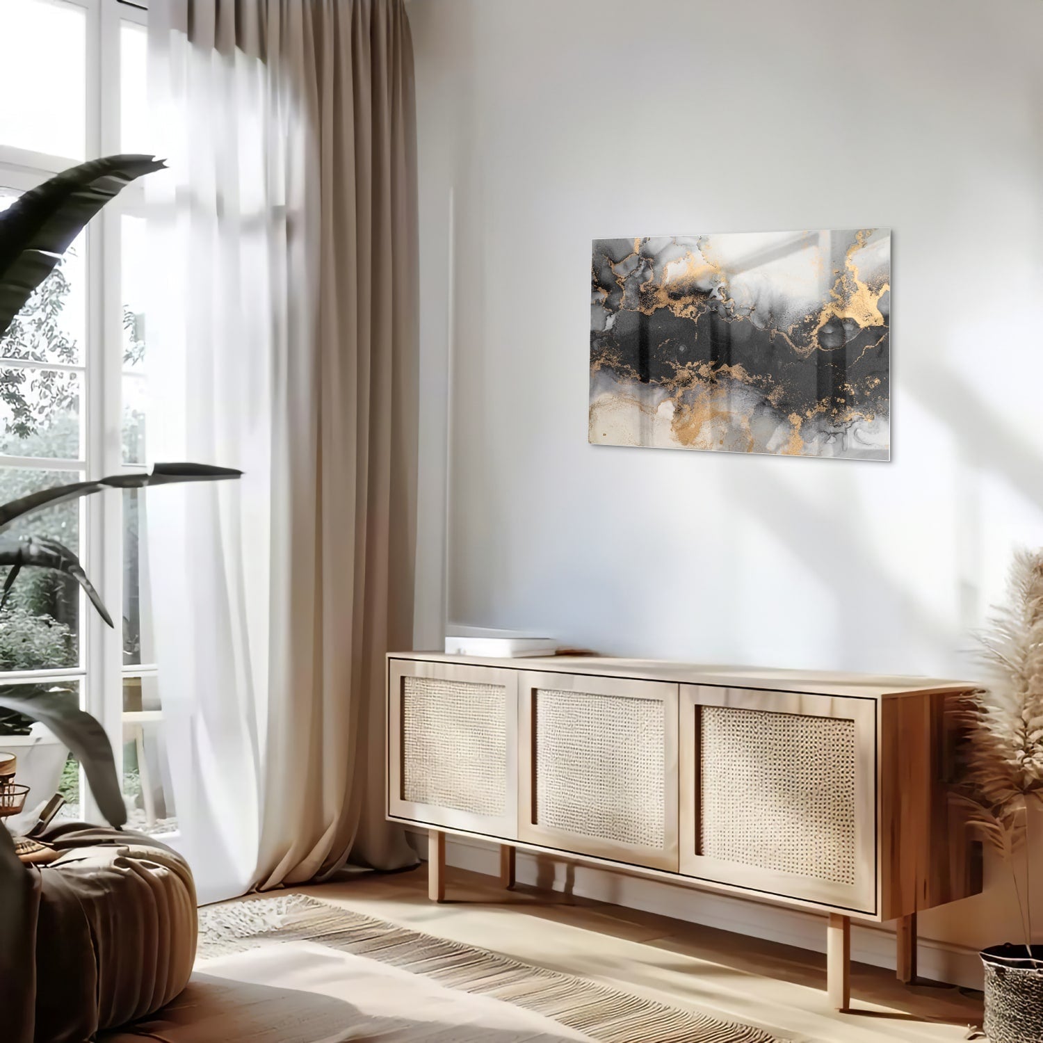 Elegantes Glasbild mit Gold und Schwarz – Glasbild aus Sicherheitsglas, Größe 80x30