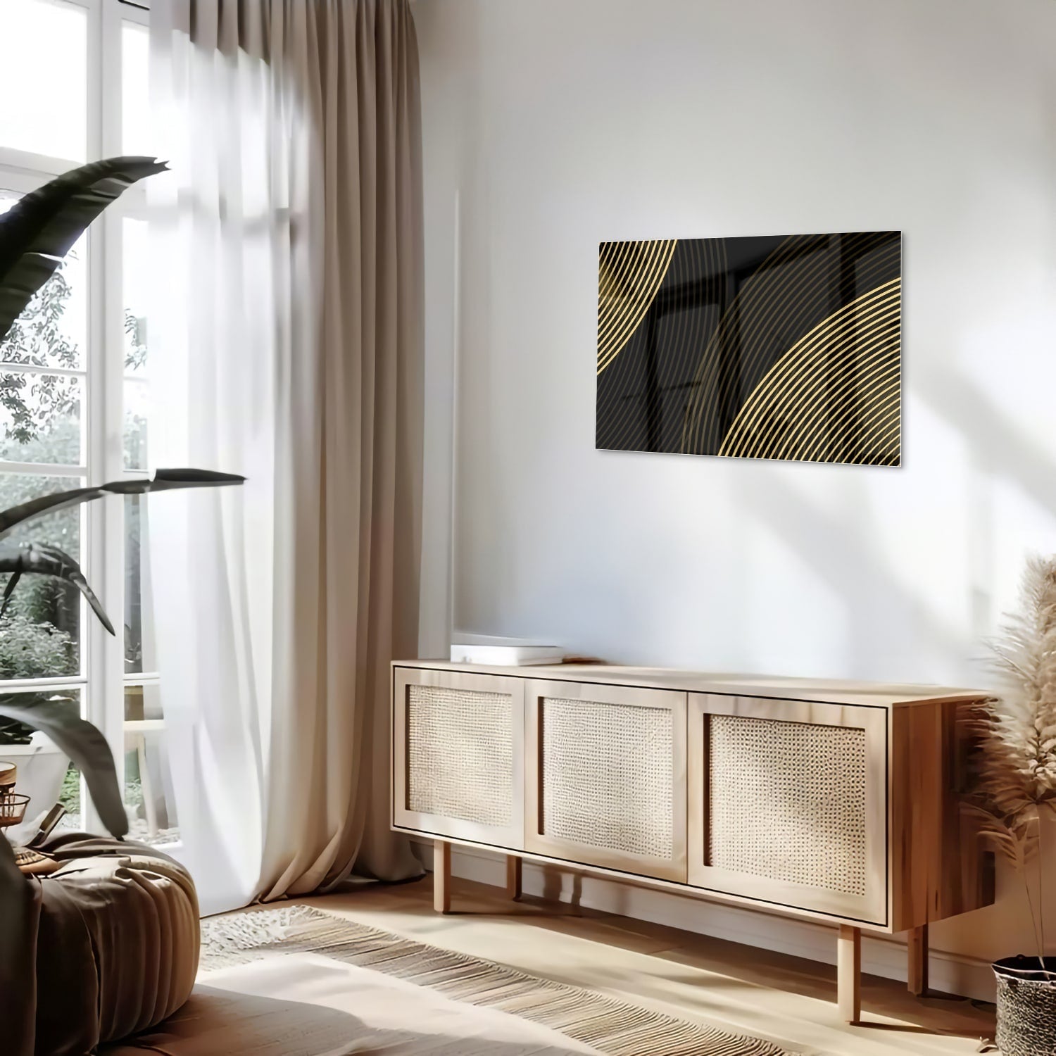 Geradliniges Glasbild mit goldenen Linien – Glasbild aus Sicherheitsglas, Größe 80x30