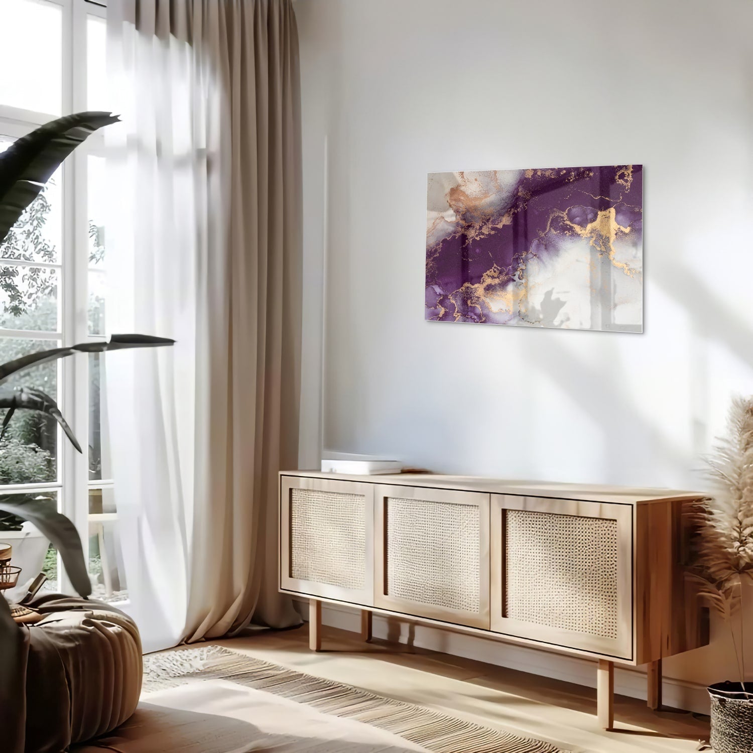 Violettes Glasbild mit goldenen Akzenten – Glasbild aus Sicherheitsglas, Größe 80x30