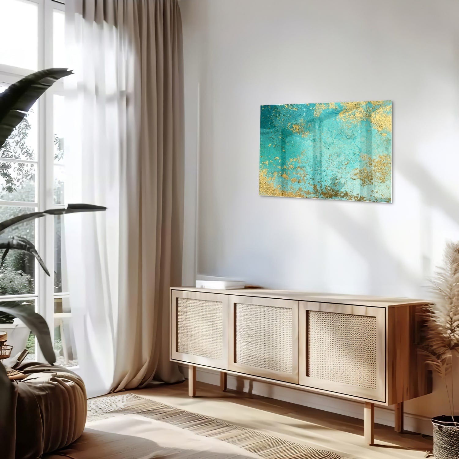 Glasbild mit goldenen Akzenten auf Türkis – Glasbild aus Sicherheitsglas, Größe 80x30