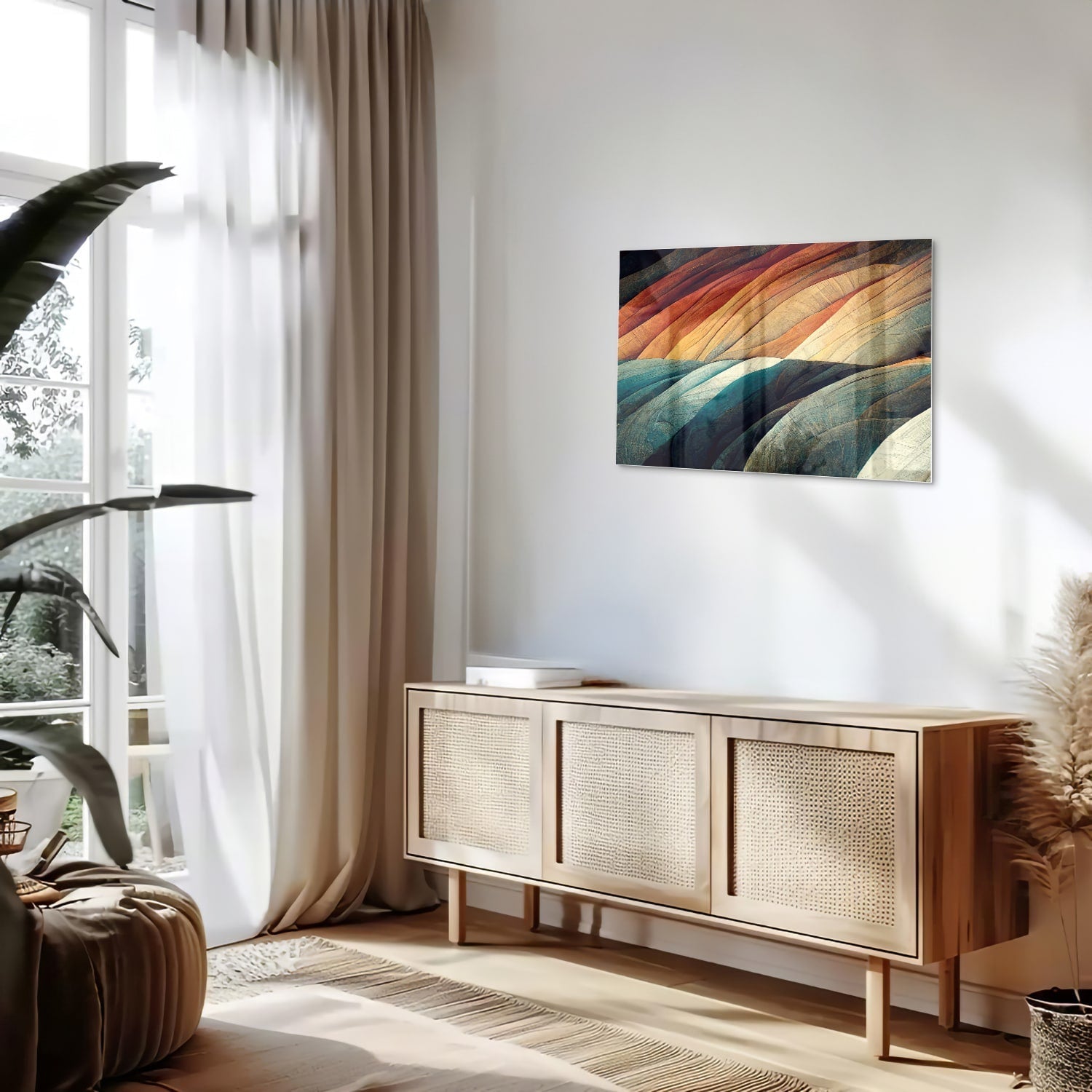 Abstraktes Glasbild mit farbenfrohen Wellen – Glasbild aus Sicherheitsglas, Größe 80x30