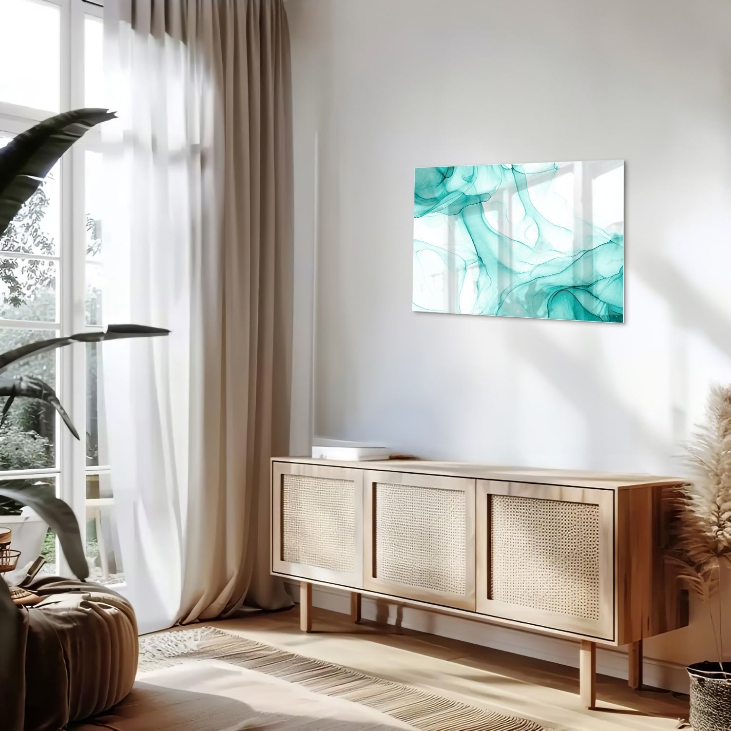 Hellblaues abstraktes Glasbild für elegante Innenräume – Glasbild aus Sicherheitsglas, Größe 80x30