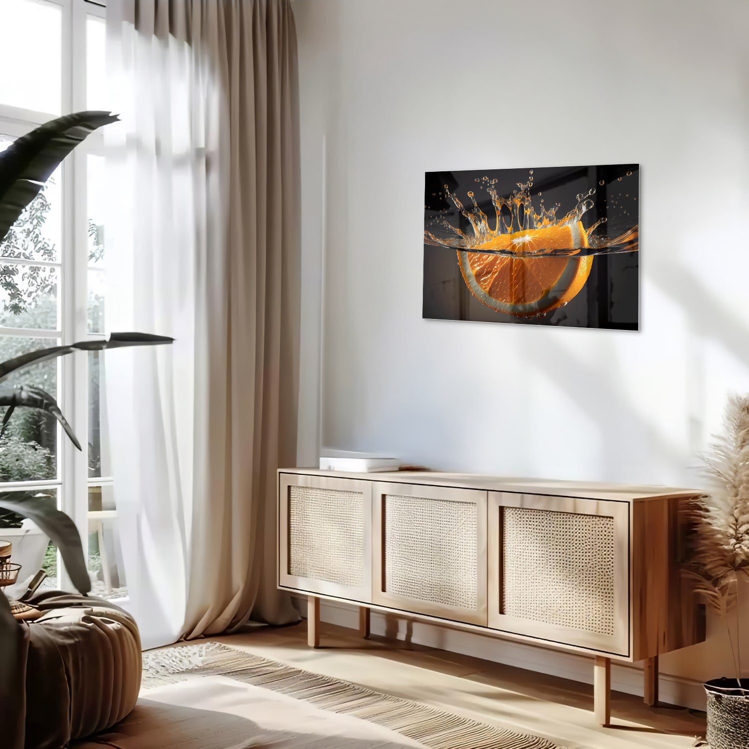 Dynamisches orangefarbenes Glasbild – Glasbild aus Sicherheitsglas, Größe 80x30