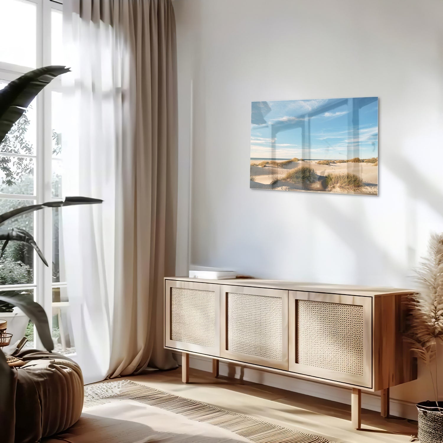 Glasbild mit Dünen und blauem Himmel – Glasbild aus Sicherheitsglas, Größe 80x30