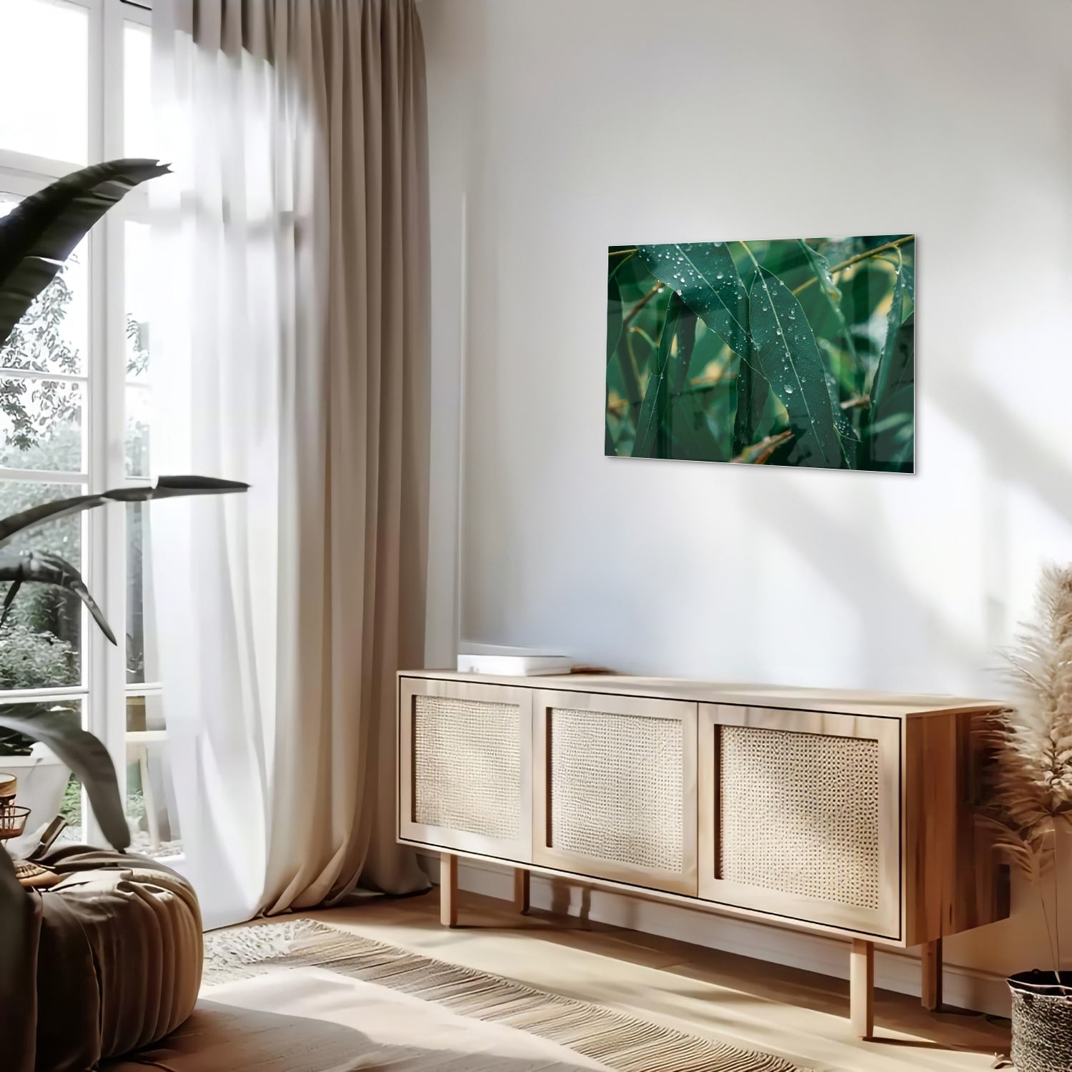 Glasbild mit grünen Blättern und Tautropfen – Glasbild aus Sicherheitsglas, Größe 80x30