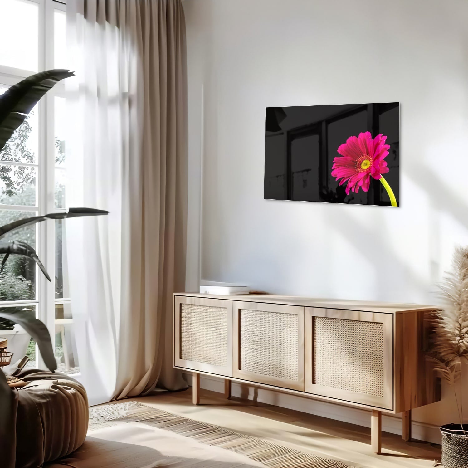 Glasbild – Wunderschöne rosa Gerbera auf schwarzem Hintergrund – Glasbild aus Sicherheitsglas, Größe 80x30