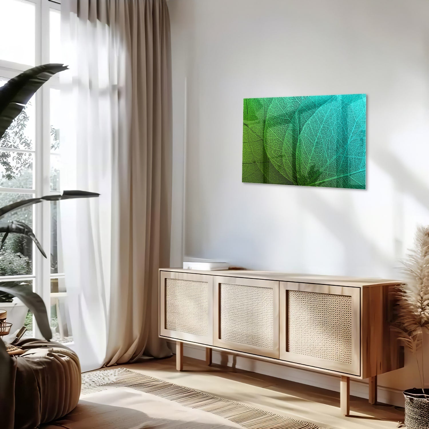 Glasbild mit strukturierter Oberfläche aus grünen Blättern – Glasbild aus Sicherheitsglas, Größe 80x30