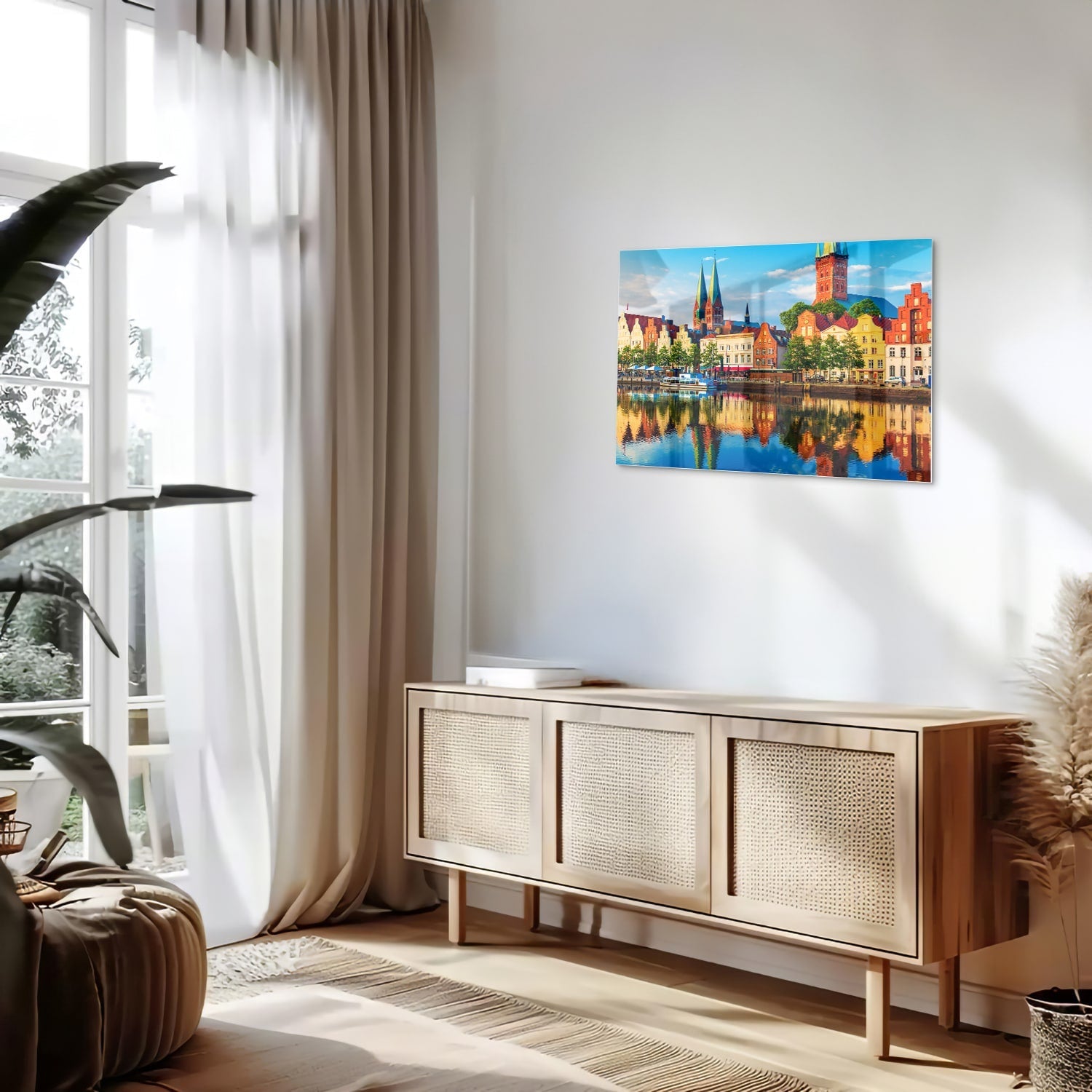 Farbenfrohes Glasbild mit einer Stadtlandschaft – Glasbild aus Sicherheitsglas, Größe 80x30