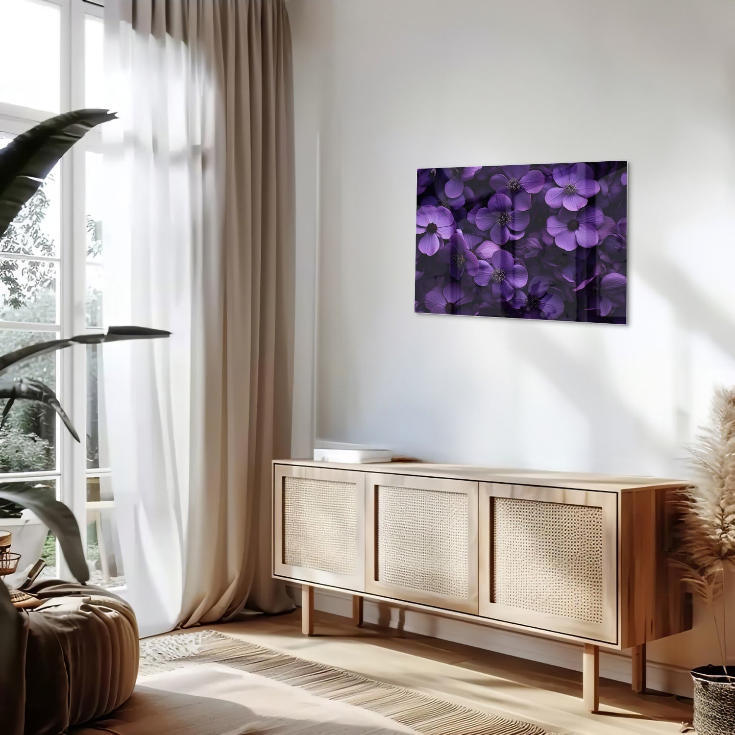 Glasbild mit violetten Blumen für Ihr Interieur – Glasbild aus Sicherheitsglas, Größe 80x30