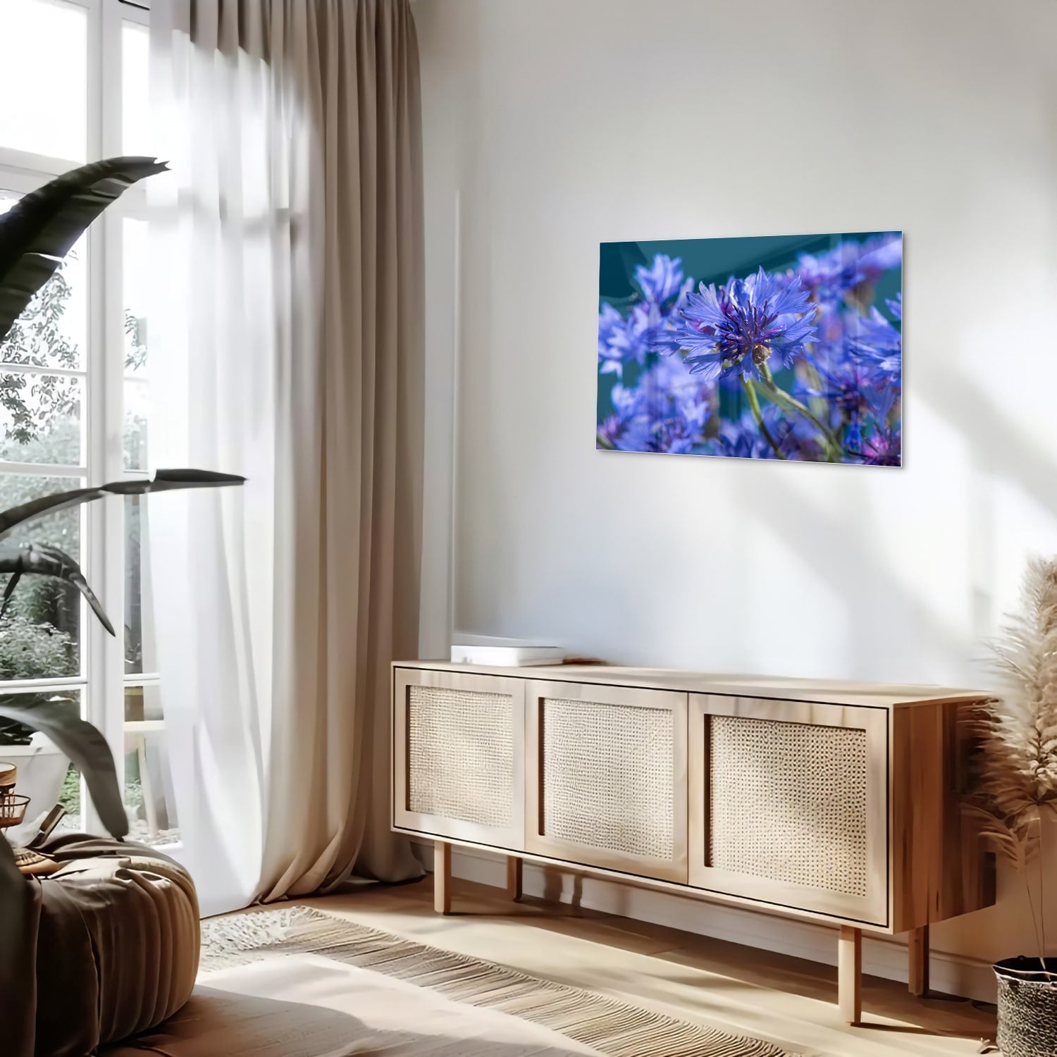 Wunderschönes violettes Glasbild mit Blumenmotiv – Glasbild aus Sicherheitsglas, Größe 80x30
