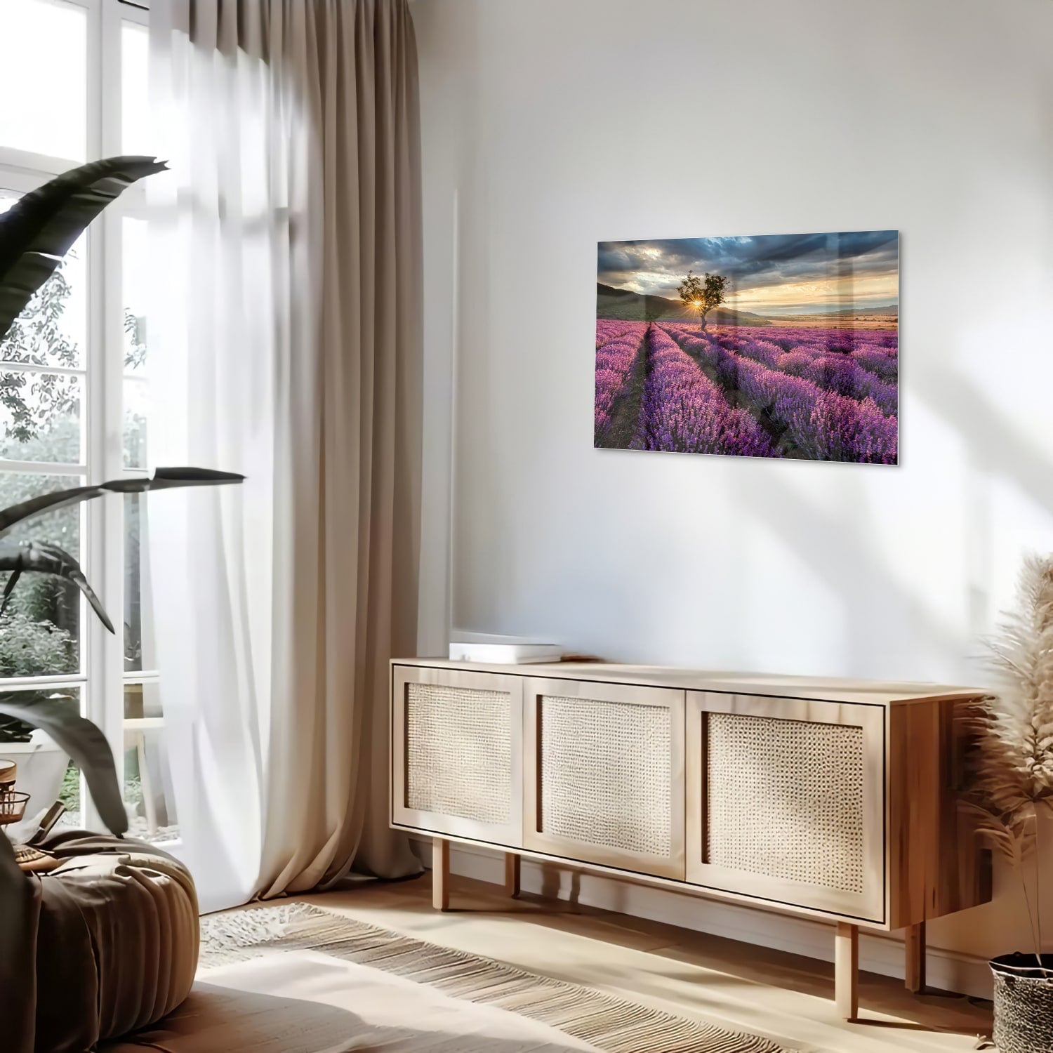 Glasbild mit violetten Lavendelfeldern bei Sonnenuntergang – Glasbild aus Sicherheitsglas, Größe 80x30