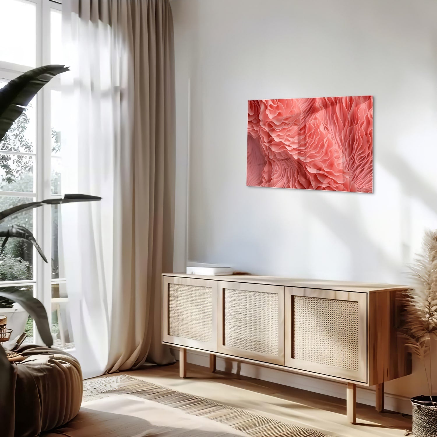 Abstraktes rosa Glasbild mit wellenförmigem Muster – Glasbild aus Sicherheitsglas, Größe 80x30
