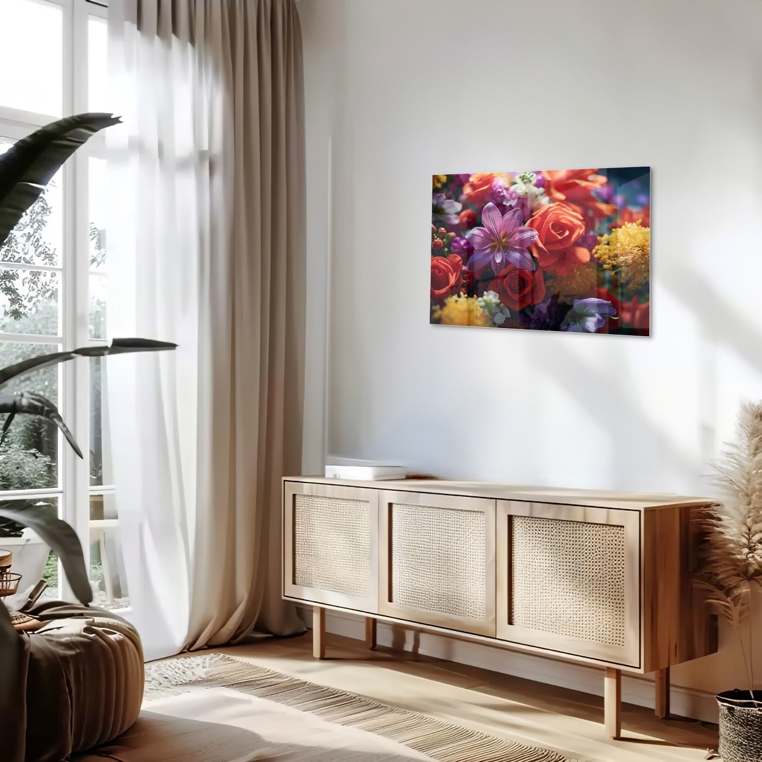 Farbenfrohes Glasbild mit Blütenpracht – Glasbild aus Sicherheitsglas, Größe 80x30