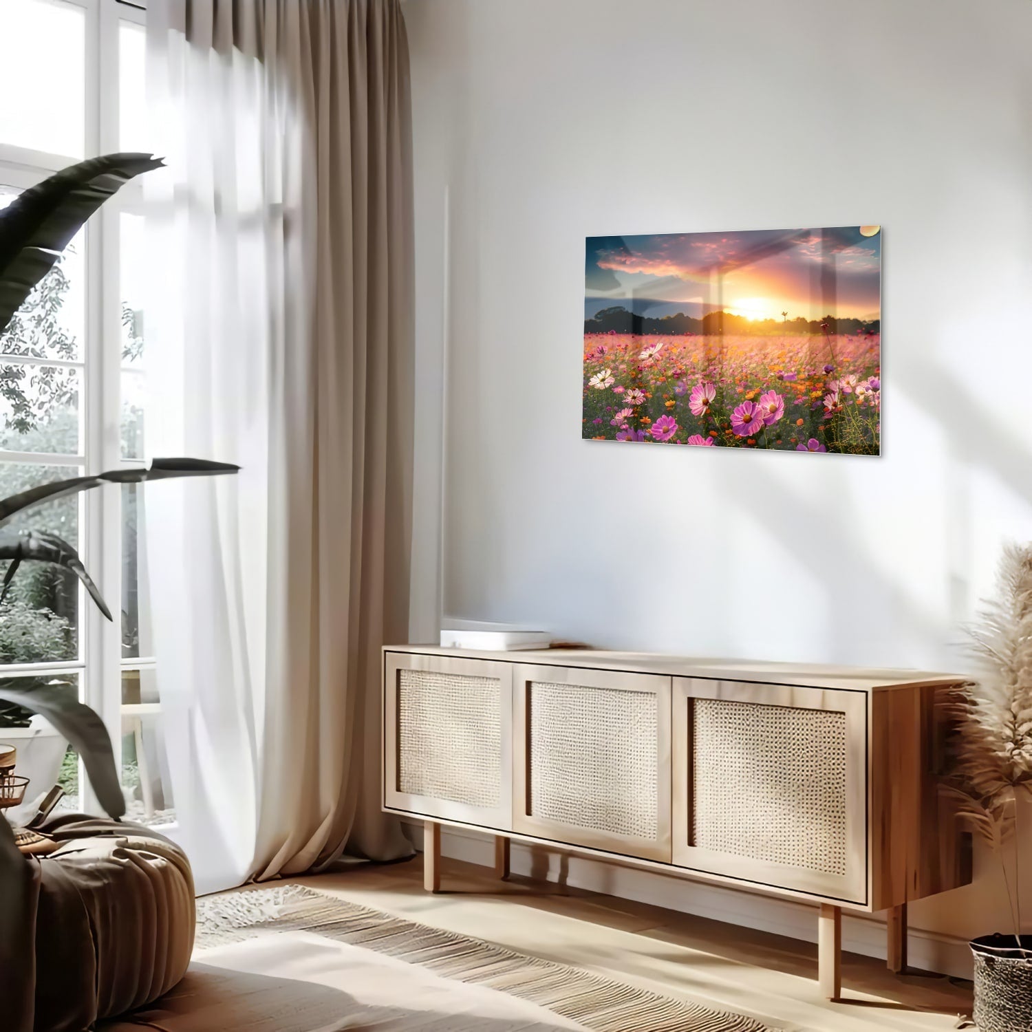 Glasbild – Sonnenuntergang über Blumenfeld – Glasbild aus Sicherheitsglas, Größe 80x30