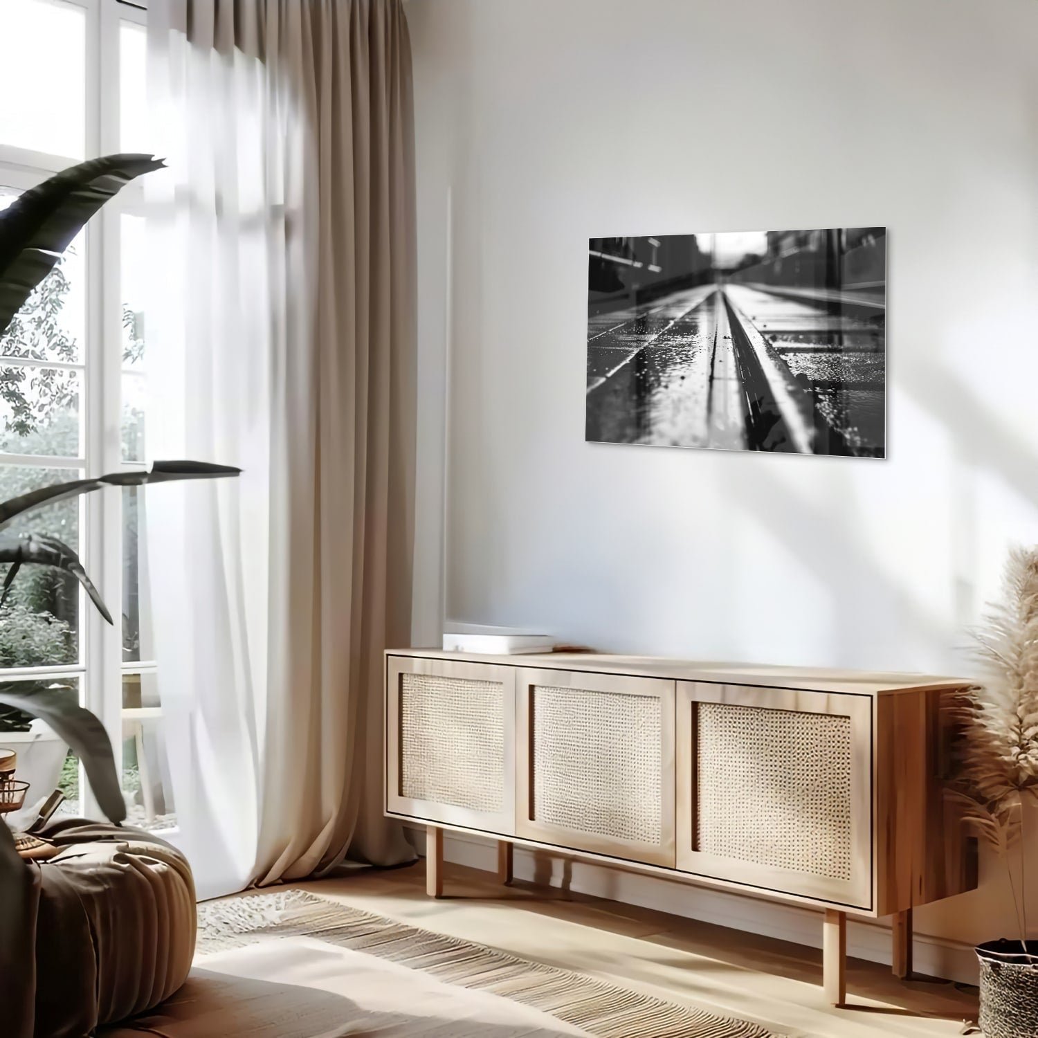 Schwarz-Weiß-Glasbild mit nassen Straßen – Glasbild aus Sicherheitsglas, Größe 80x30