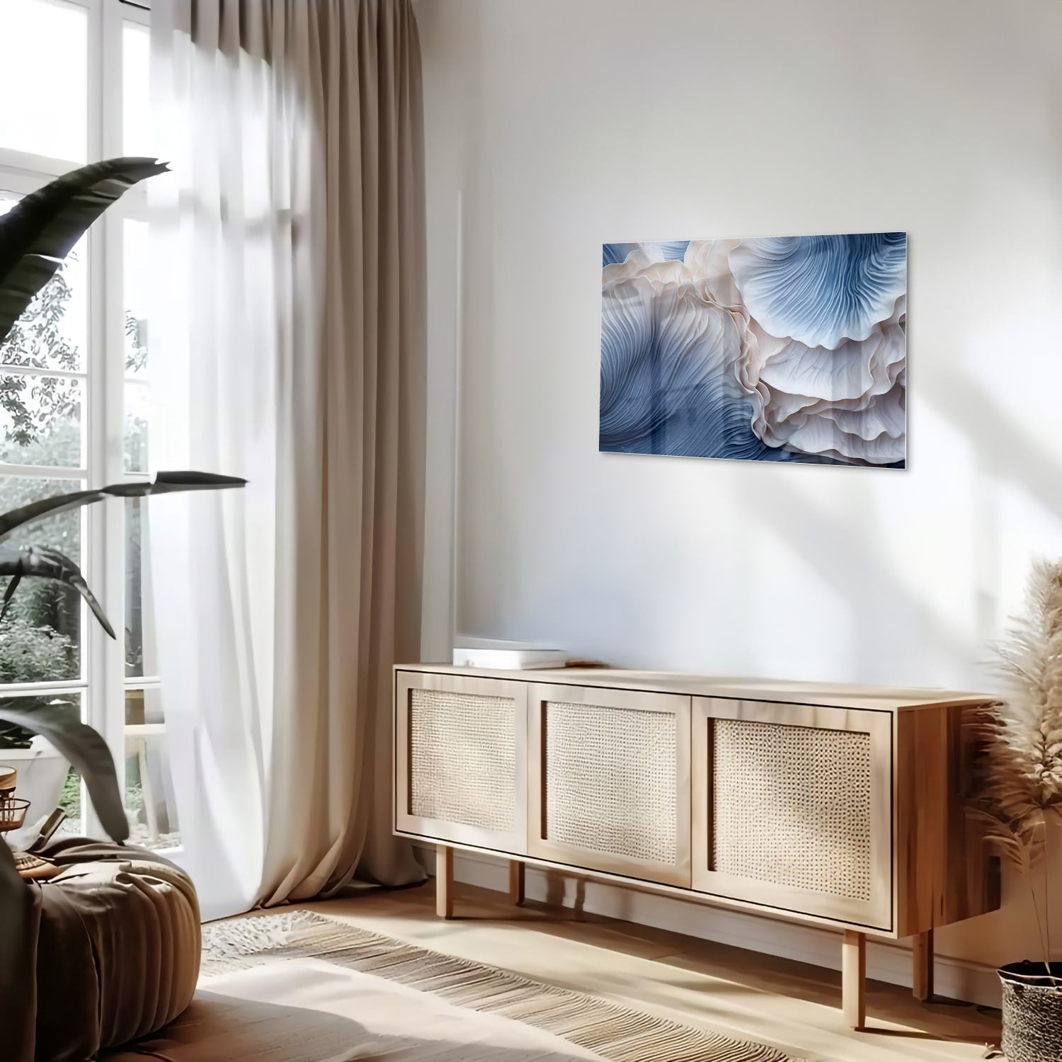 Elegantes Glasbild mit blauen und weißen Mustern – Glasbild aus Sicherheitsglas, Größe 80x30