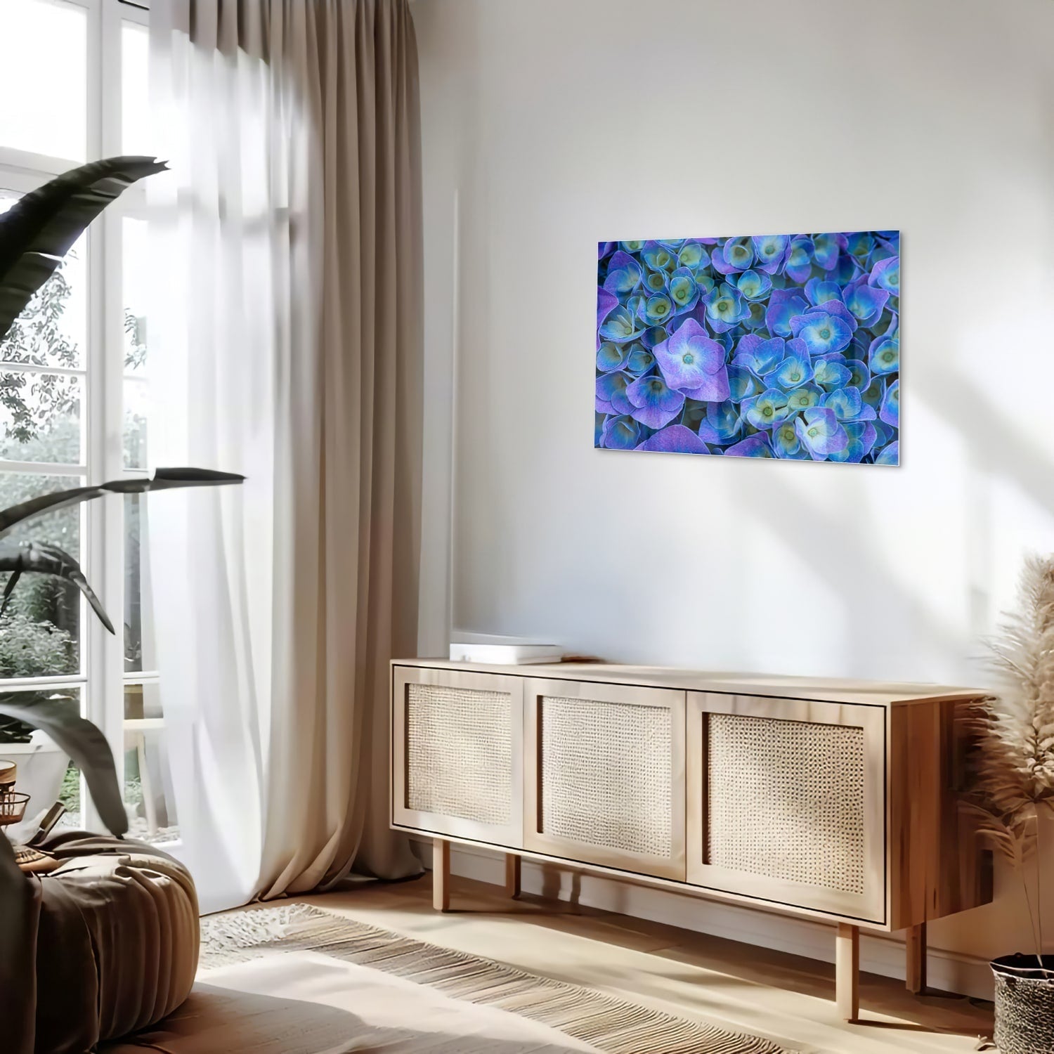 Farbenfrohes Glasbild mit blauen Blumen – Glasbild aus Sicherheitsglas, Größe 80x30