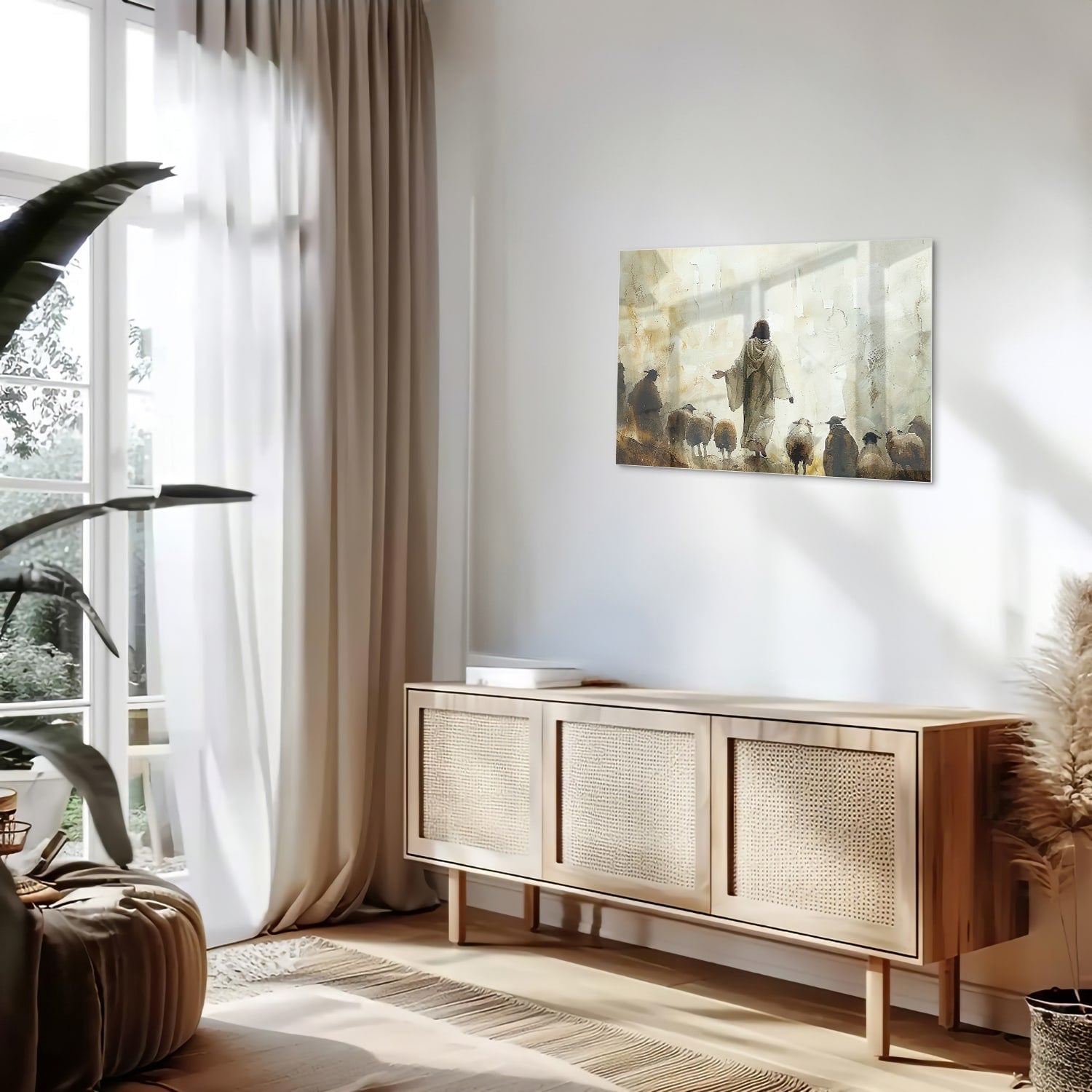 Glasbild mit spirituellem Wegweiser und Schafen – Glasbild aus Sicherheitsglas, Größe 80x30