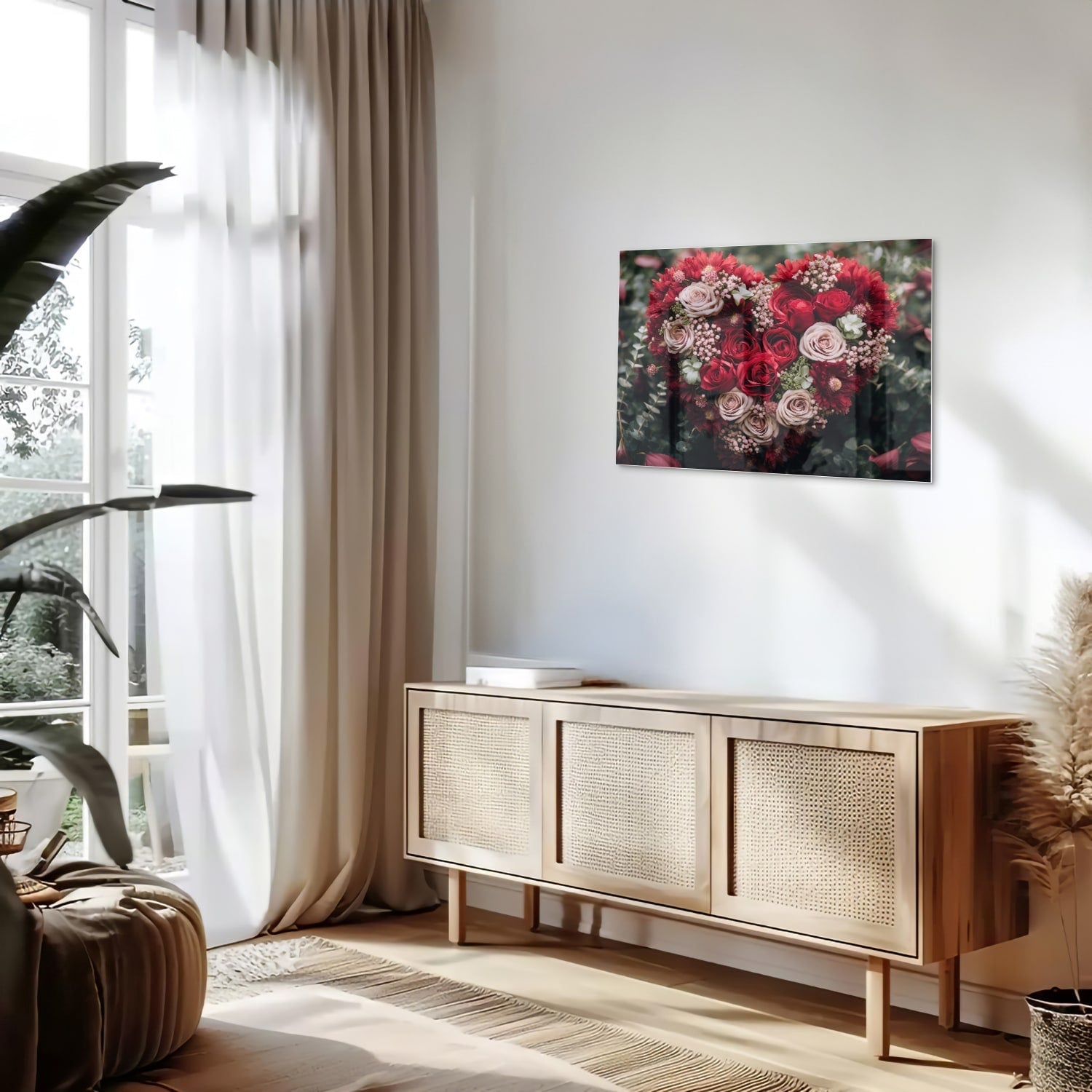 Glasbild mit herzförmigem Blumenmotiv in Rottönen – Glasbild aus Sicherheitsglas, Größe 80x30