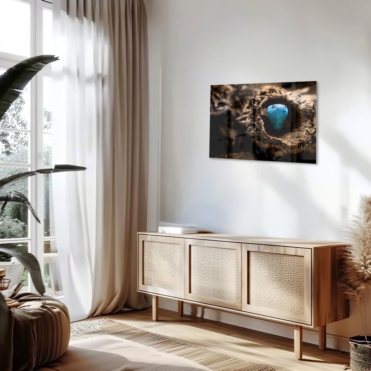 Glasbild mit einer blauen Perle in einem Nest – Glasbild aus Sicherheitsglas, Größe 80x30