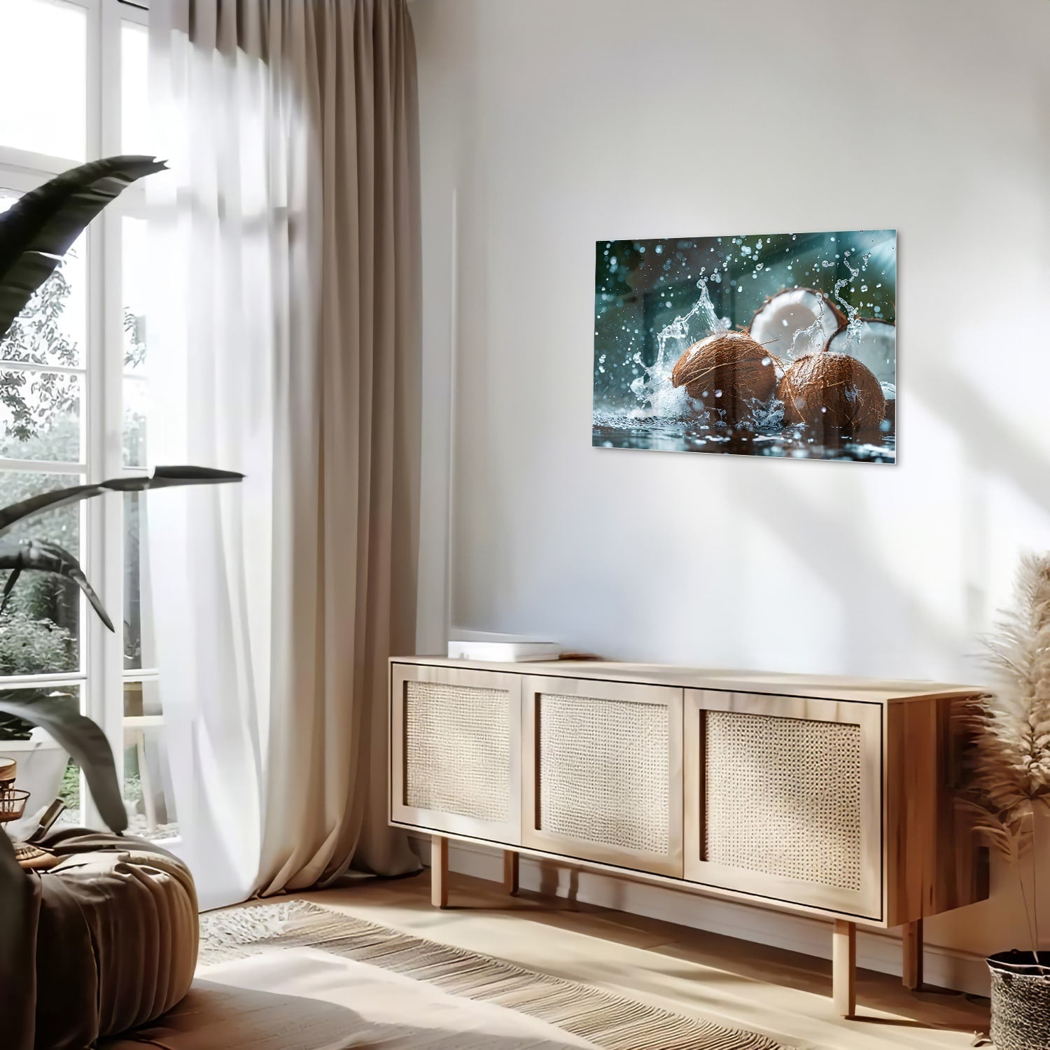 Glasbild Kokosnuss-Trio mit Wasserstrahlen – Glasbild aus Sicherheitsglas, Größe 80x30
