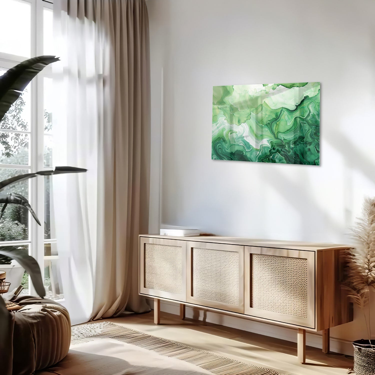 Grünes marmoriertes Glasbild für moderne Innenräume – Glasbild aus Sicherheitsglas, Größe 80x30