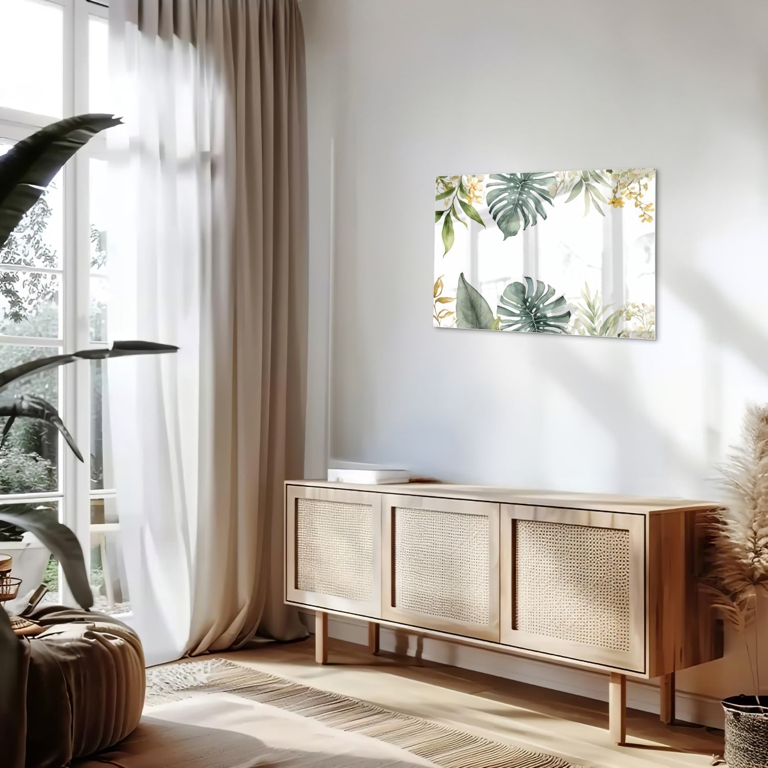 Glasbild mit tropischen Blättern und botanischer Flora – Glasbild aus Sicherheitsglas, Größe 80x30