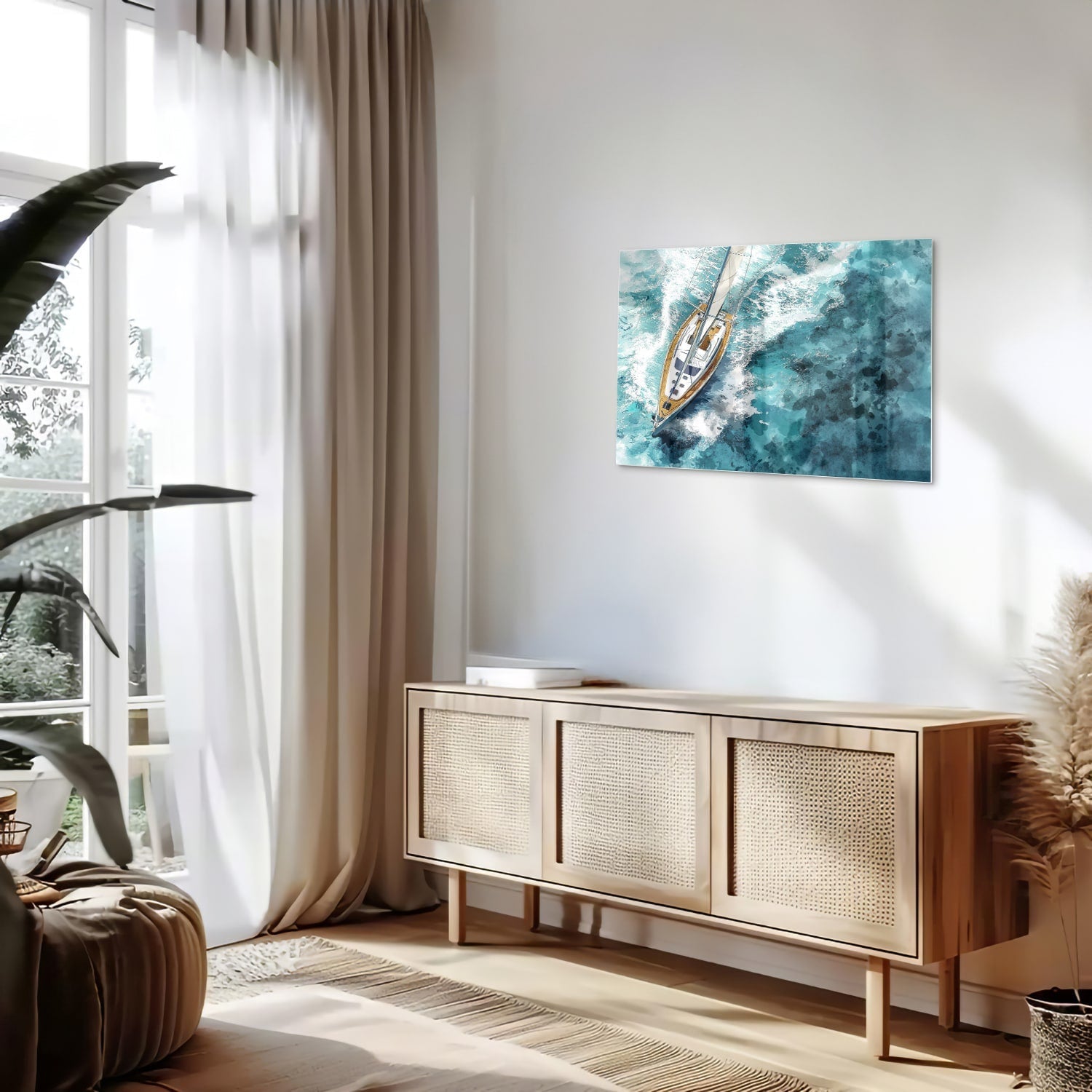 Wunderschönes Glasbild mit einer Yacht auf dem See – Glasbild aus Sicherheitsglas, Größe 80x30