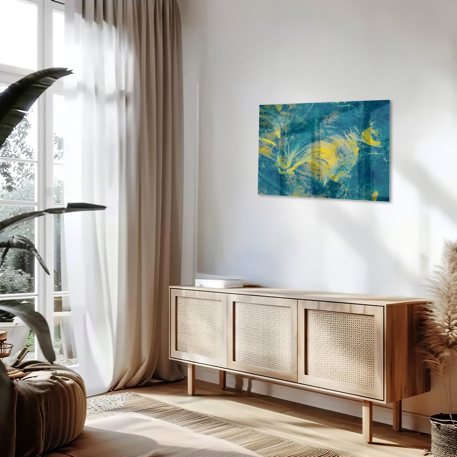 Farbenfrohes Glasbild mit abstraktem blau-gelbem Muster – Glasbild aus Sicherheitsglas, Größe 80x30