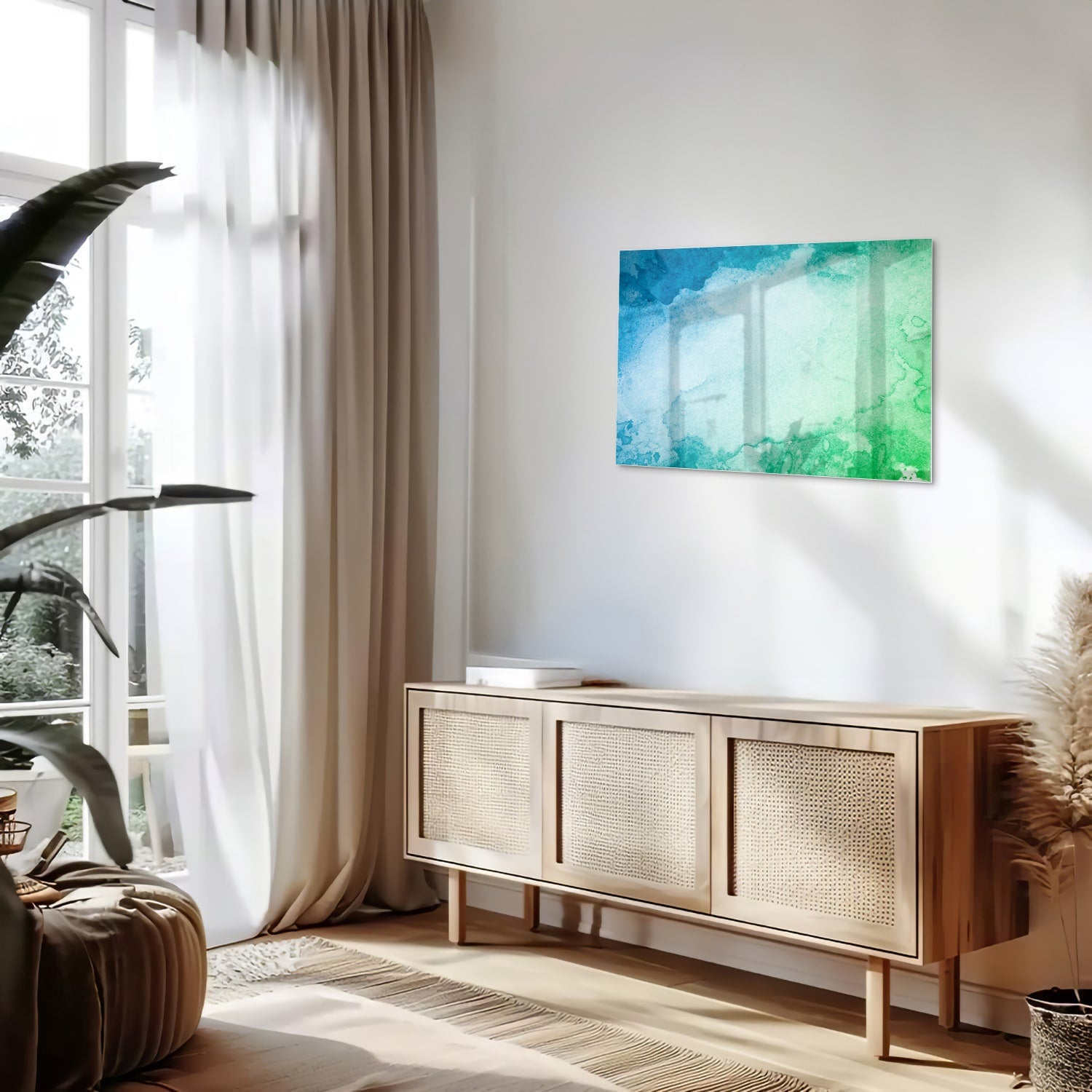 Abstraktes Glasbild in Blau und Grün – Glasbild aus Sicherheitsglas, Größe 80x30